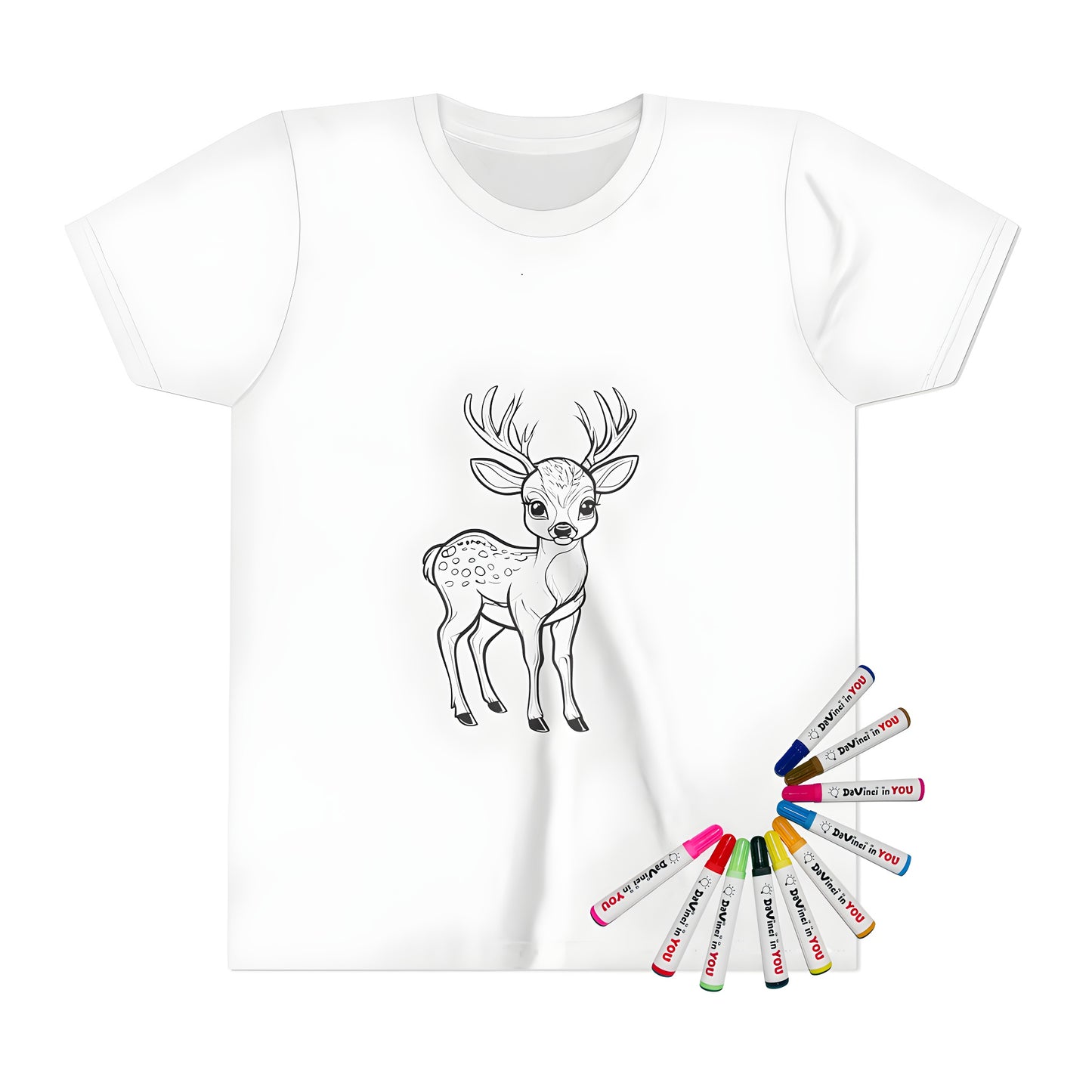 A charming black and white illustration of a young fawn with antlers on a kids tee shirt