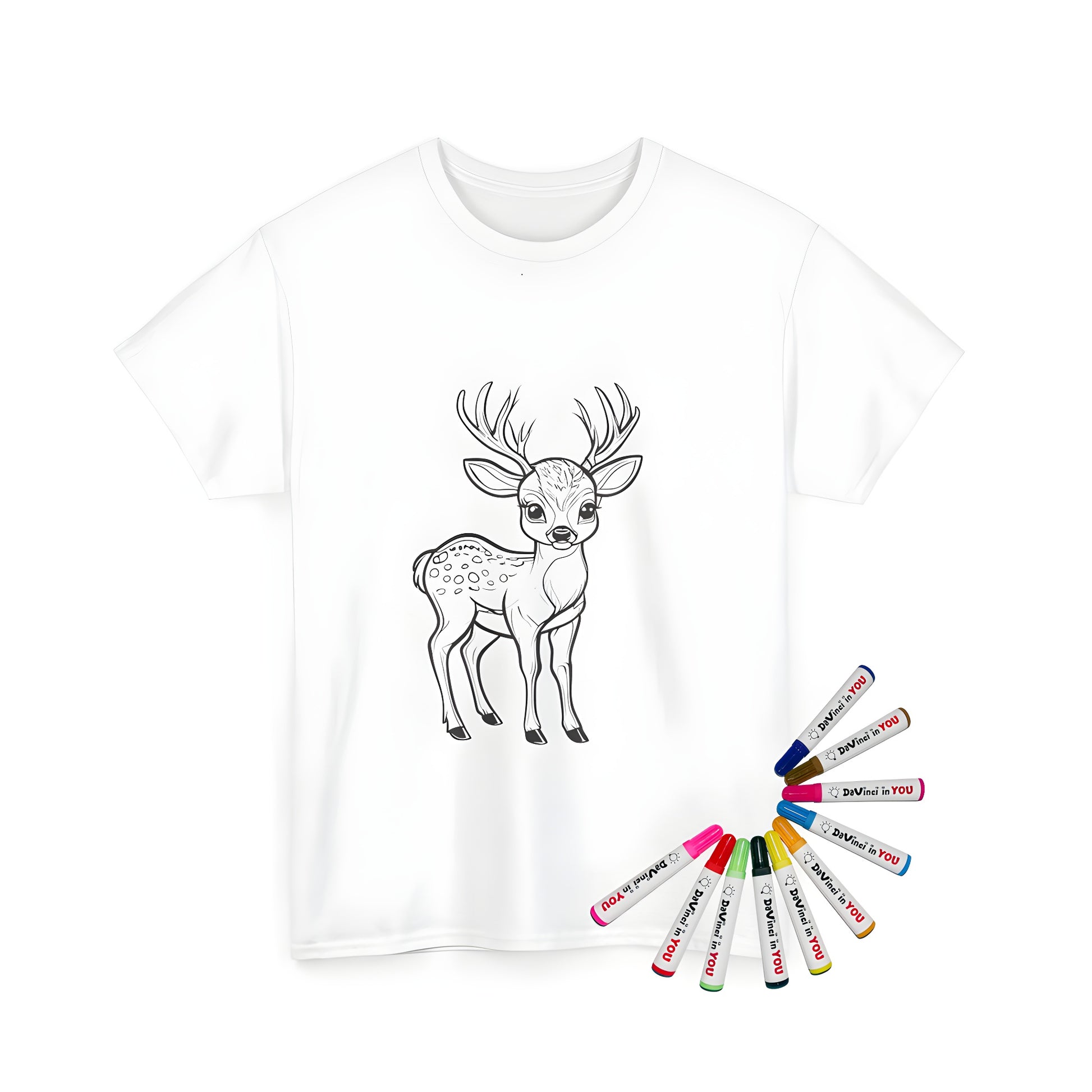 Unisex t-shirt featuring a charming black and white illustration of a young deer or fawn with antlers, showcasing its slender features. Great for kids or adults who love nature and wildlife.