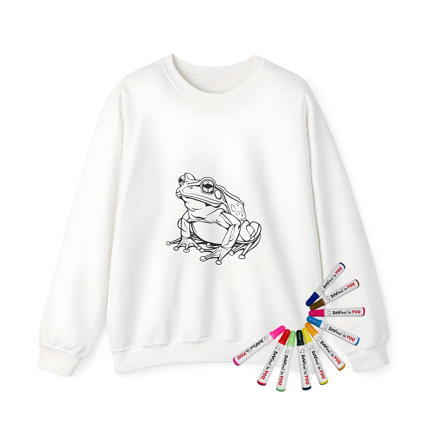 Coloring kit for adults featuring a detailed tree frog design on sweatshirt with webbed toes and distinctive eyes