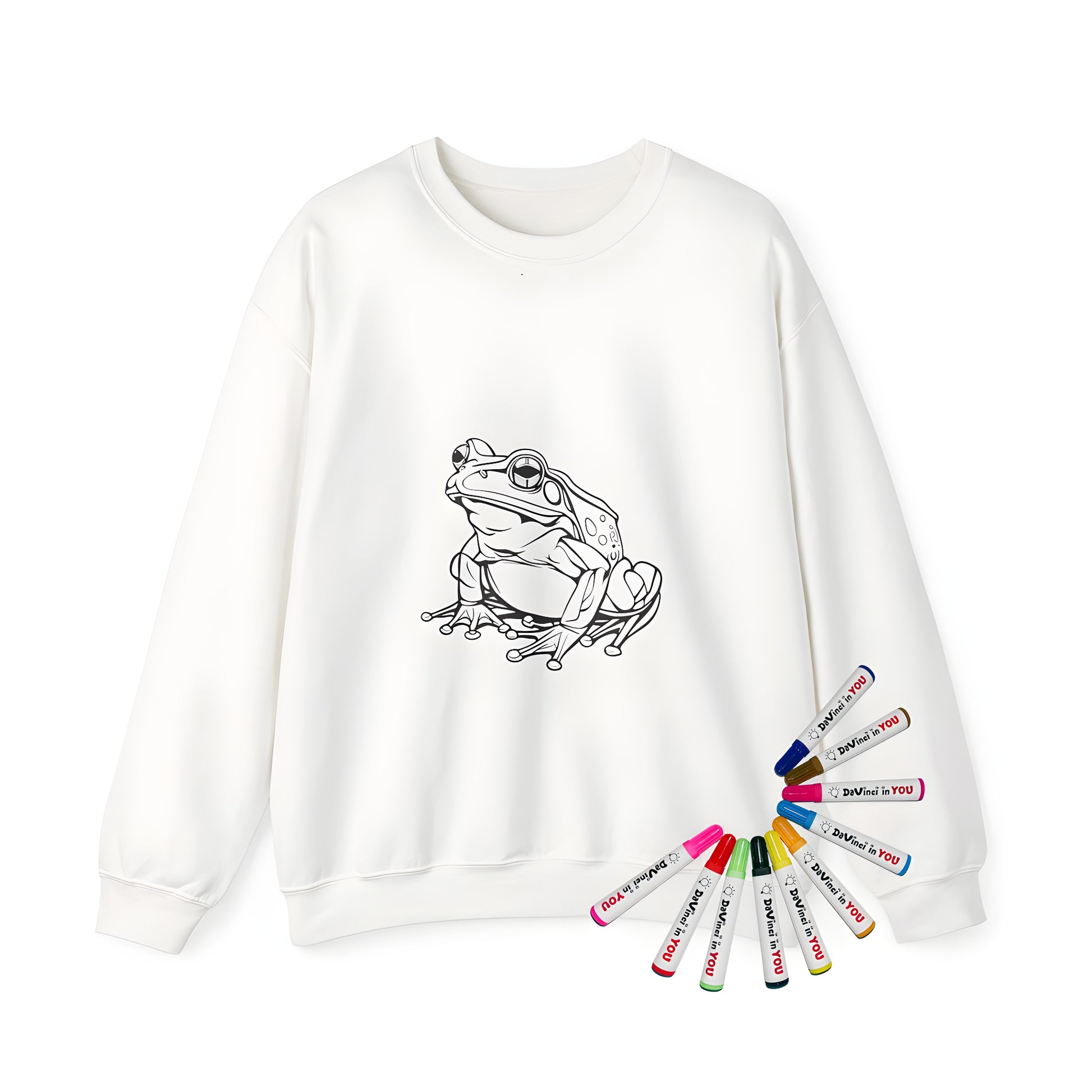 Coloring kit for adults featuring a detailed tree frog design on sweatshirt with webbed toes and distinctive eyes