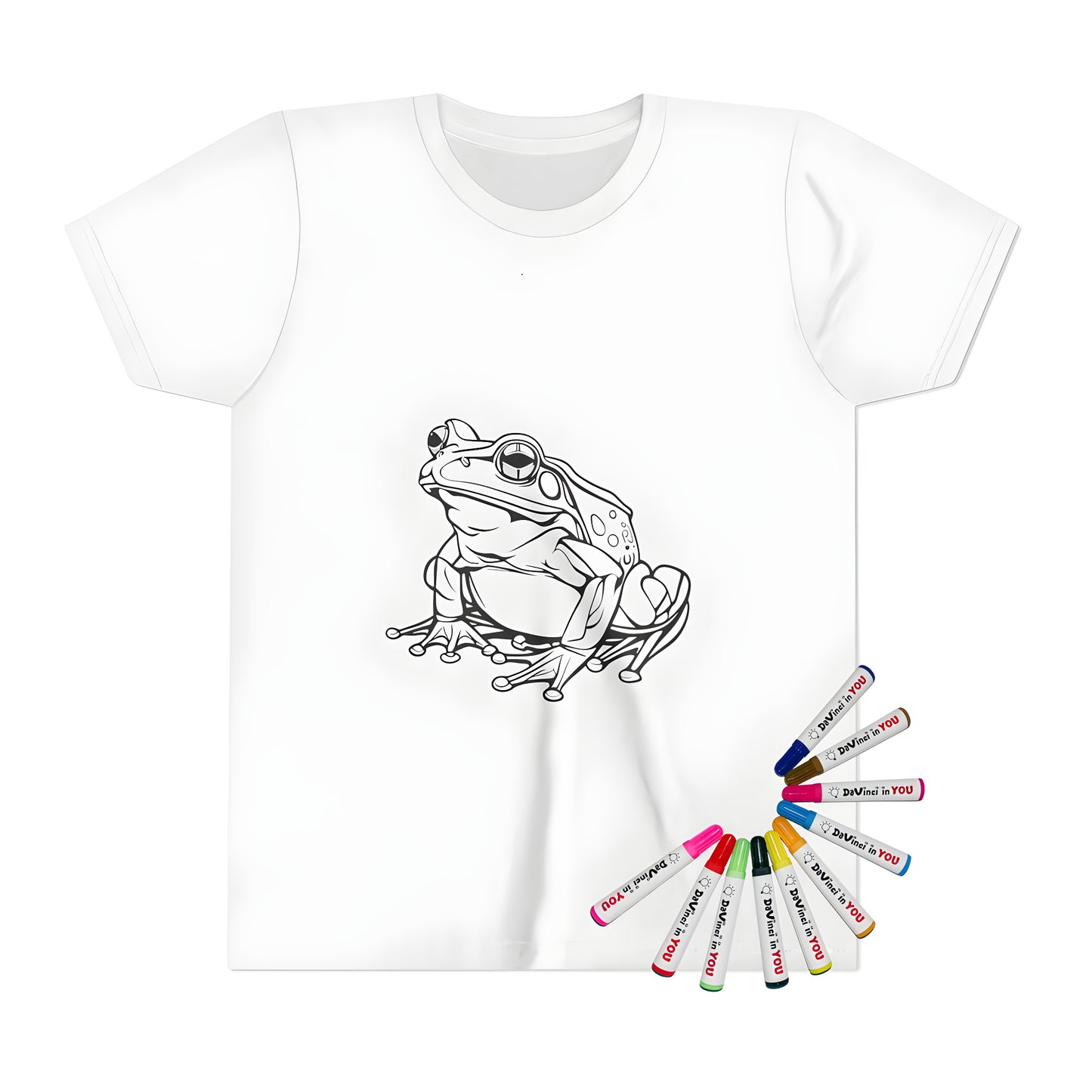 Colorful kid's t-shirt featuring a fun tree frog design with detailed line drawings of webbed toes and distinctive eyes