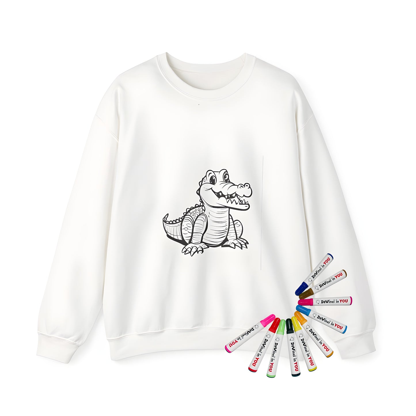 Adult sweatshirt featuring a cute cartoon crocodile illustration with big eyes and a playful smile, perfect for coloring enthusiasts. Includes 10 fabric markers for a fun and creative activity.
