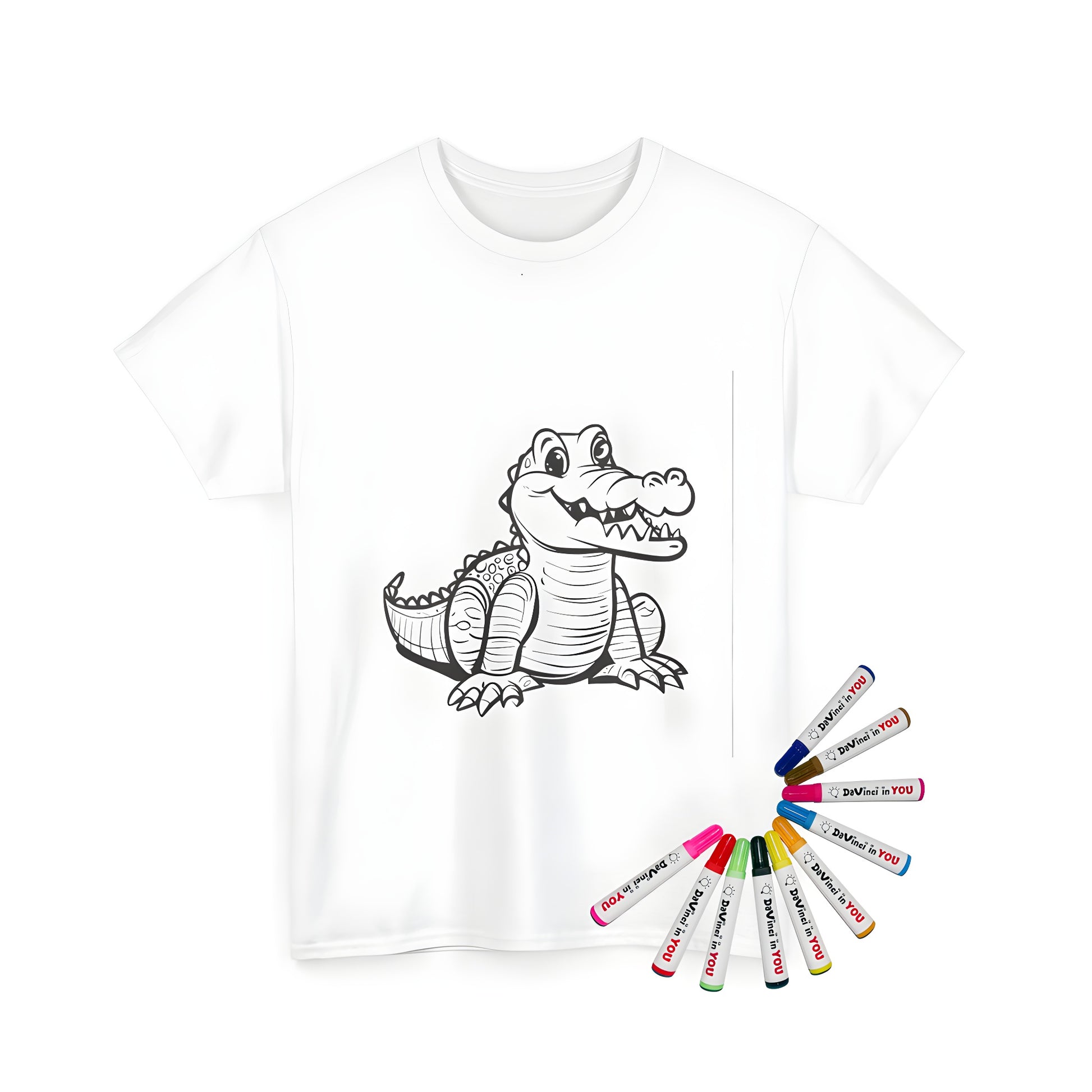 Coloring kit on a unisex t-shirt featuring a cute cartoon alligator, dinosaur, prehistoric reptile design