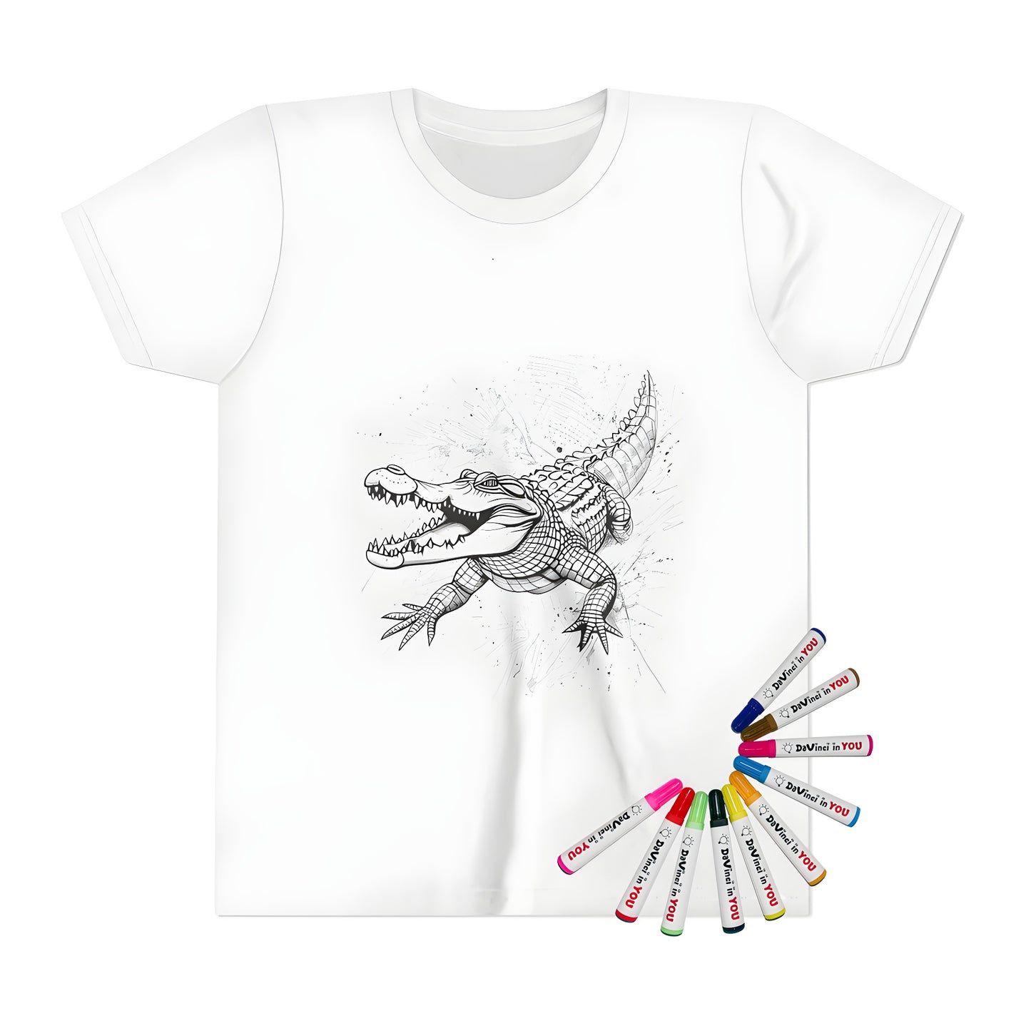 Kids t-shirt featuring a detailed drawing of a reptile, also known as a crocodile, alligator, or gator