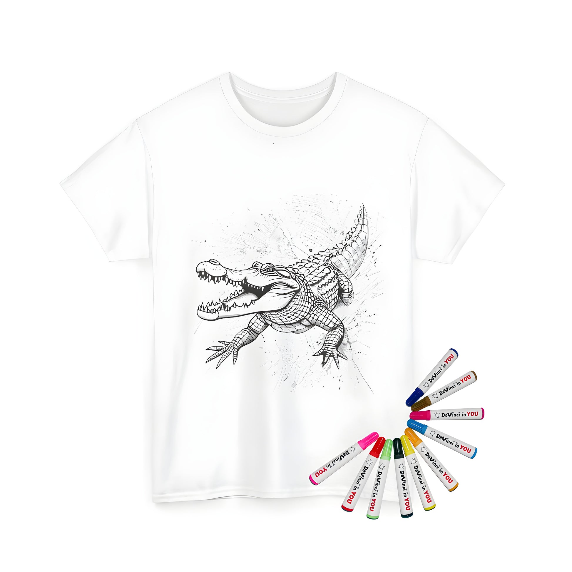 Coloring kit for adults and kids featuring a detailed illustration of a crocodile on a unisex t-shirt