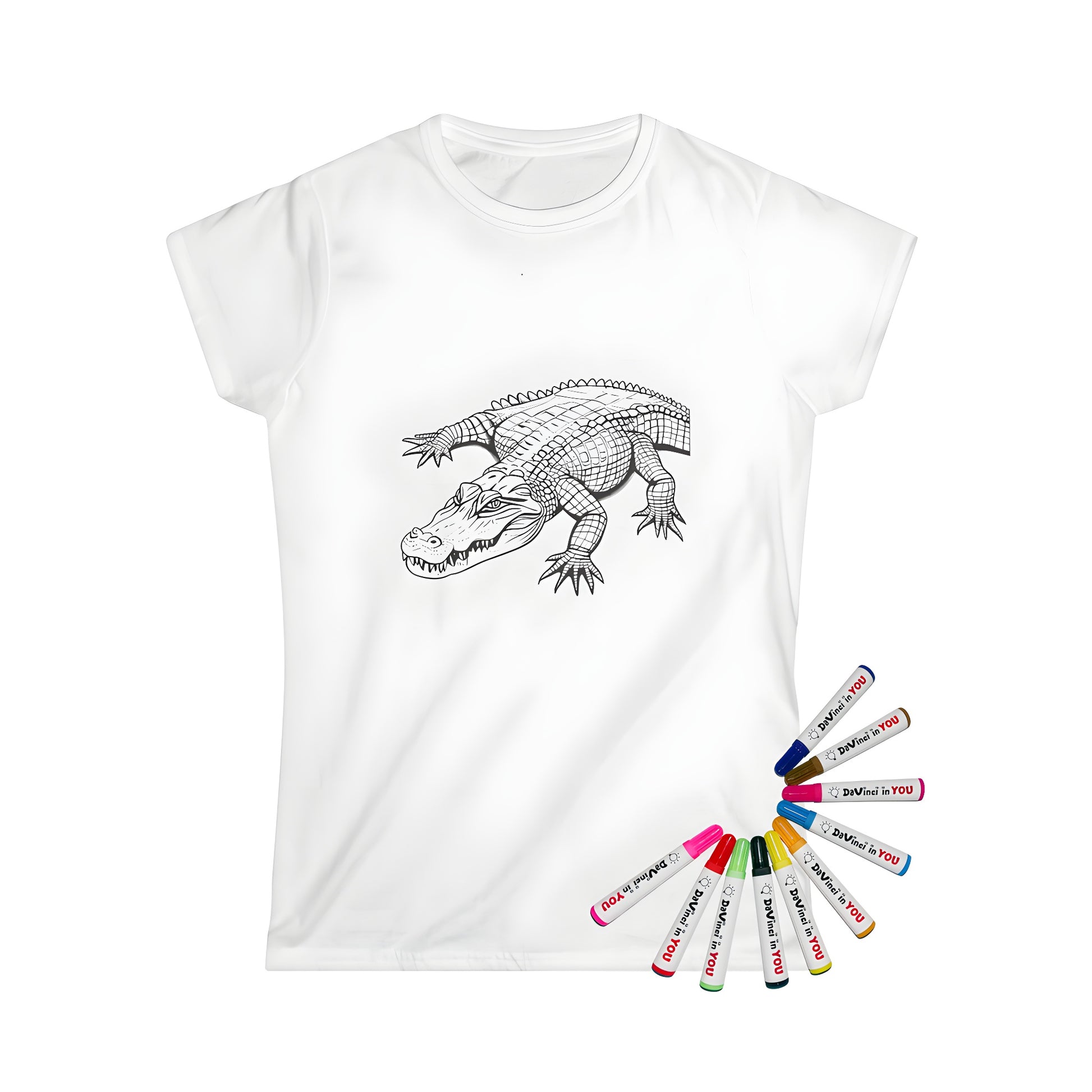 Coloring kit women's t-shirt featuring an illustration of a crocodile, alligator, reptile design with scales and sharp teeth