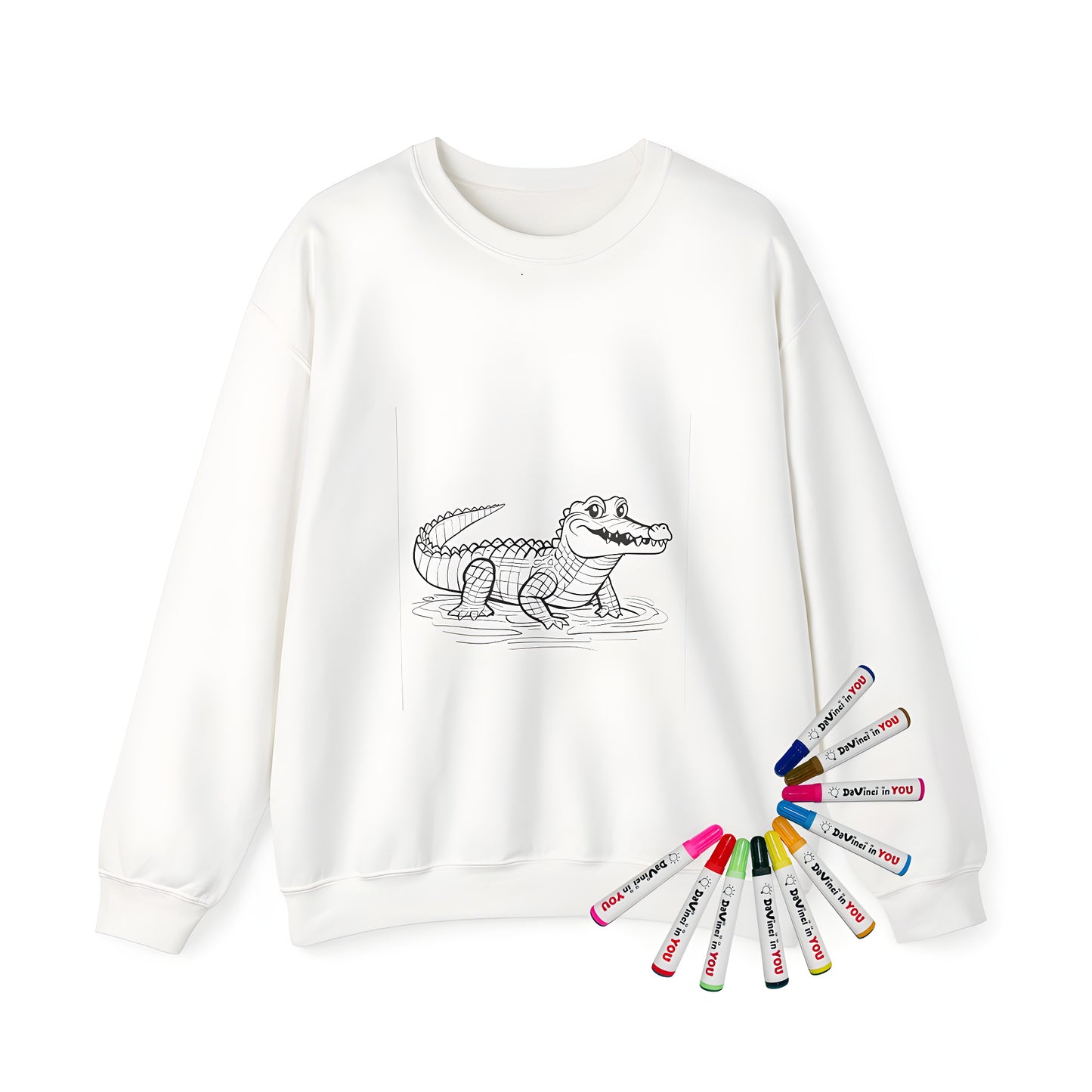Colorful adult sweatshirt featuring an illustration of a cartoon-style reptile