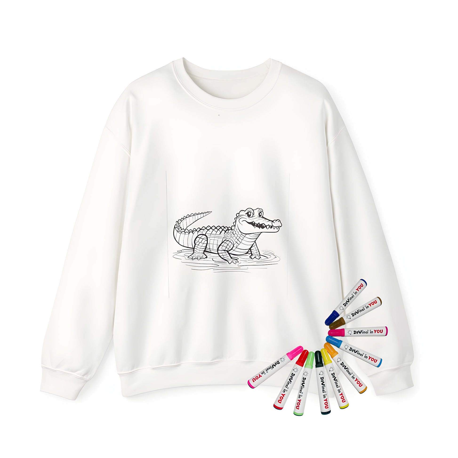 Colorful adult sweatshirt featuring an illustration of a cartoon-style reptile