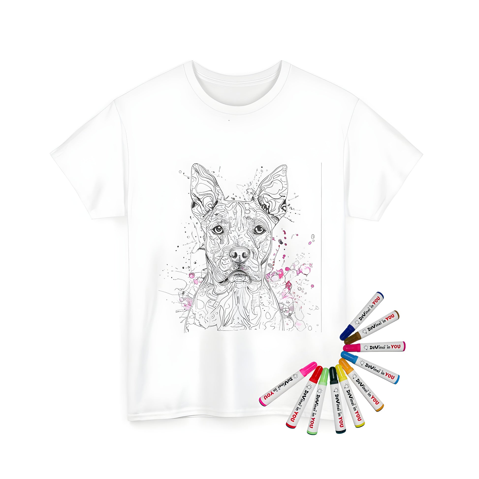 A colorful, intricately designed unisex t-shirt featuring an artistic black and white dog drawing with abstract patterns and watercolor splashes.
