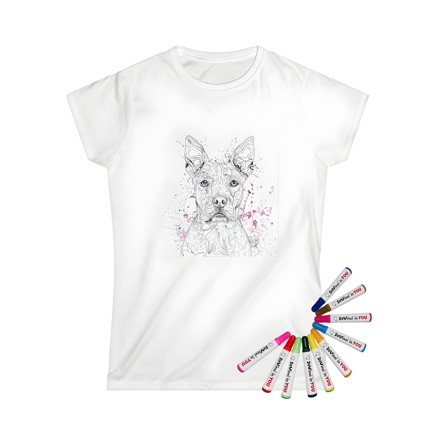 Women's art t-shirt with dog design featuring black and white drawing, abstract patterns, and pink watercolor splashes.