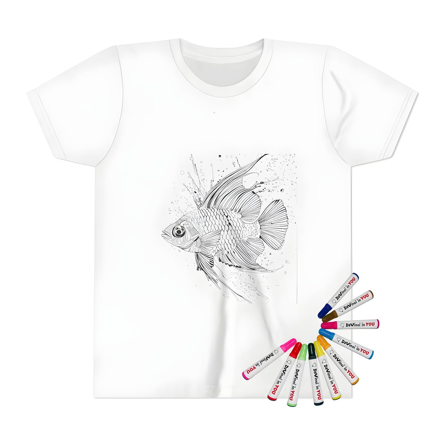 Intricate fish illustration on a kid's t-shirt, featuring detailed scales and fins with splashes and droplets surrounding the fish design