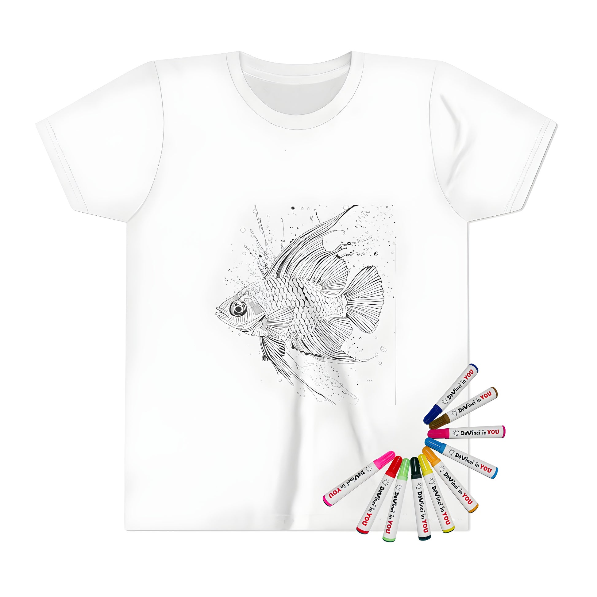 Intricate fish illustration on a kid's t-shirt, featuring detailed scales and fins with splashes and droplets surrounding the fish design