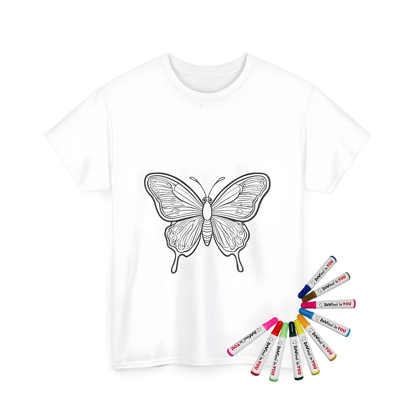 Intricate Butterfly design on a unisex t-shirt, perfect for adult and kid coloring enthusiasts