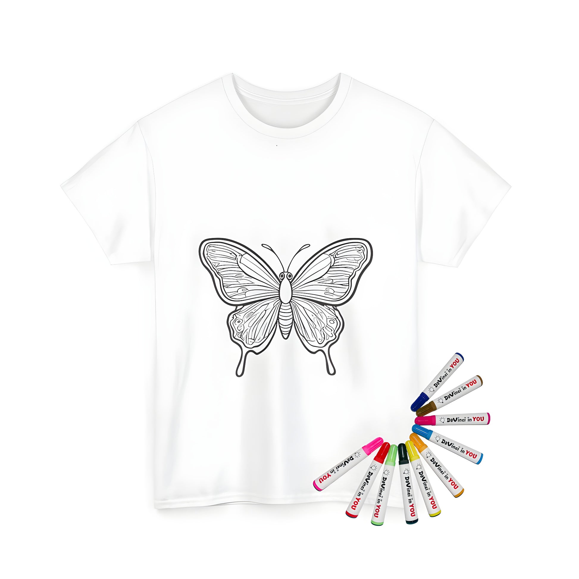 Intricate Butterfly design on a unisex t-shirt, perfect for adult and kid coloring enthusiasts