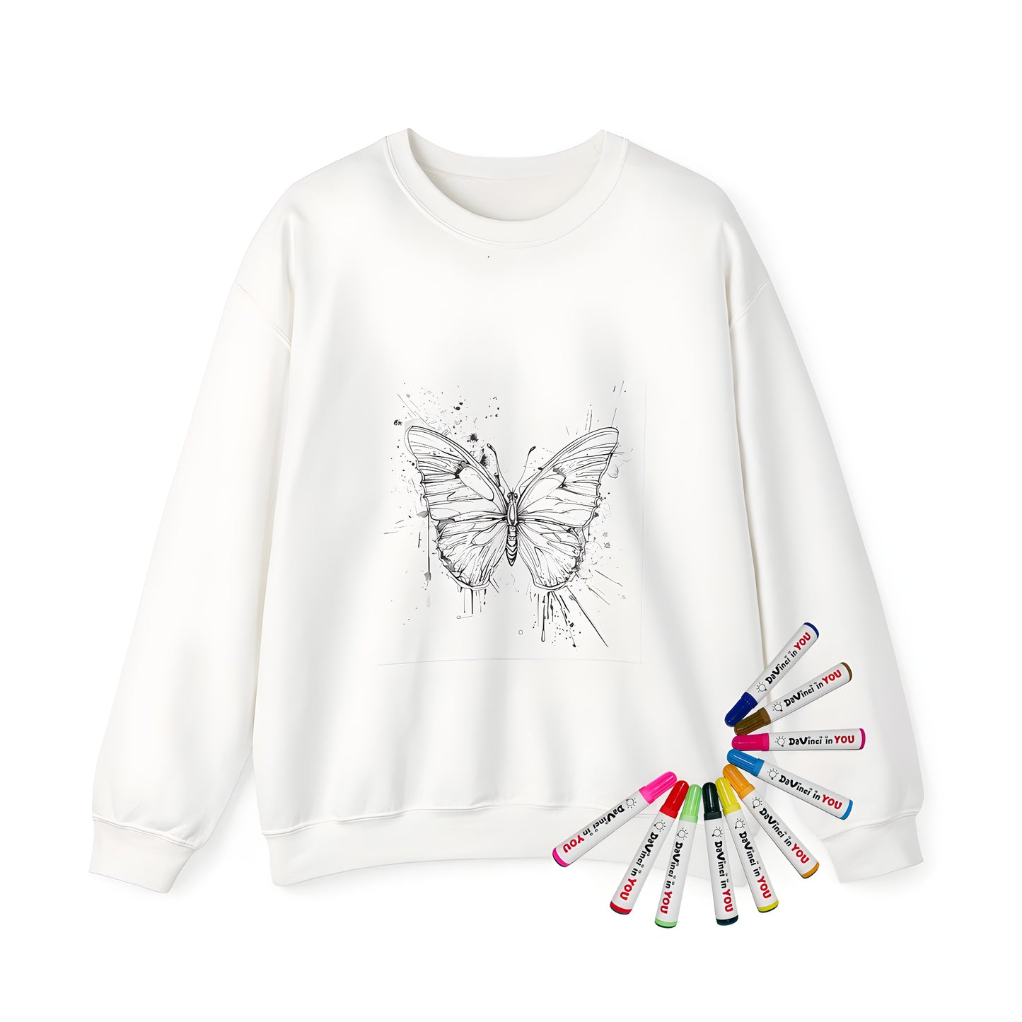 Adult sweatshirt with colorful butterfly design, featuring intricate wing details and abstract splatters