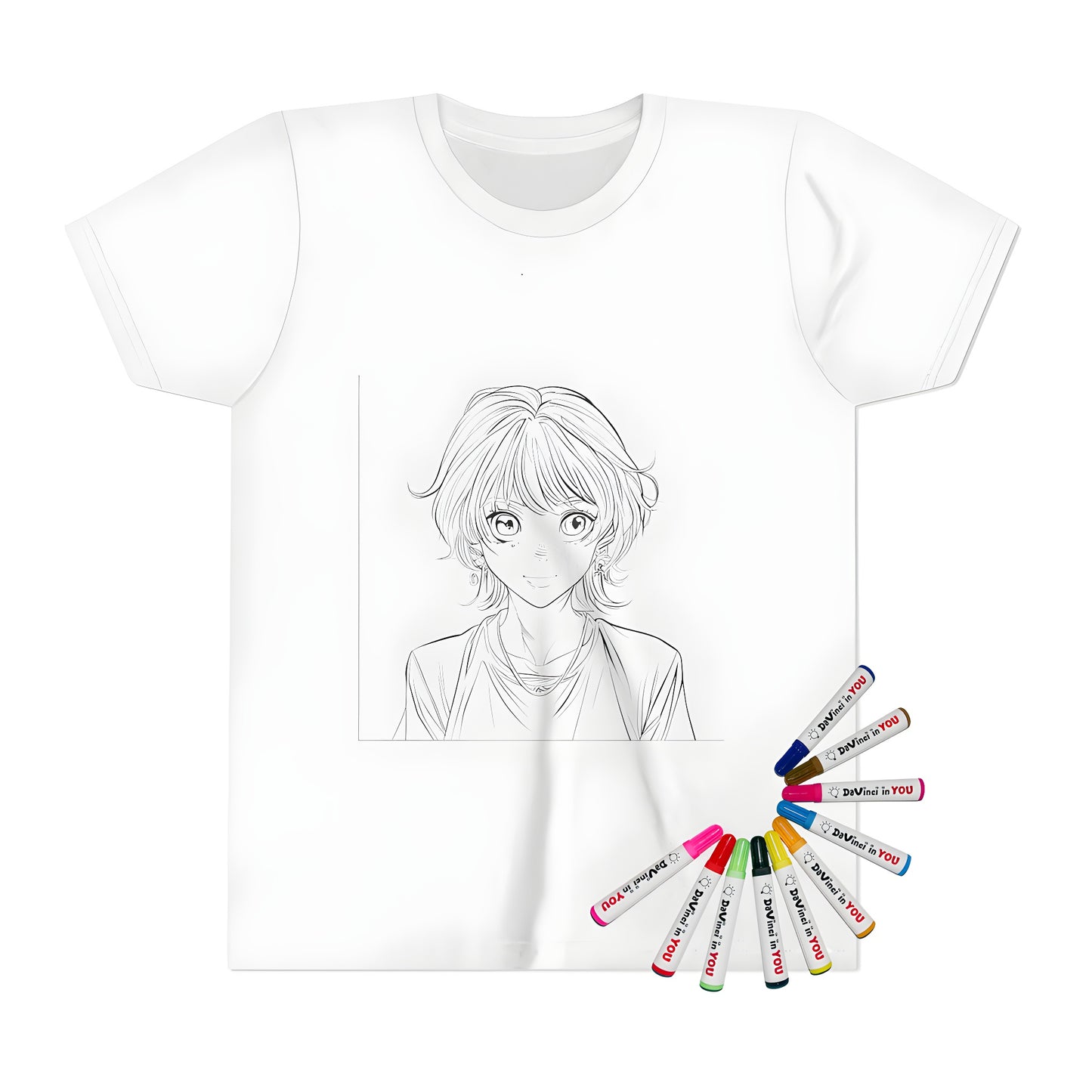 Coloring Kit for Kids featuring anime-inspired t-shirt design with large eyes and short hair
