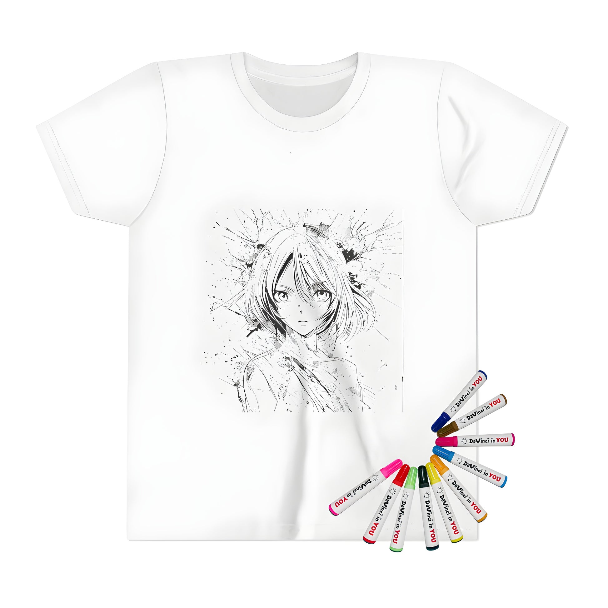 Anime-inspired kid's t-shirt featuring an abstract portrait of a girl with expressive eyes against a dynamic splattered ink background