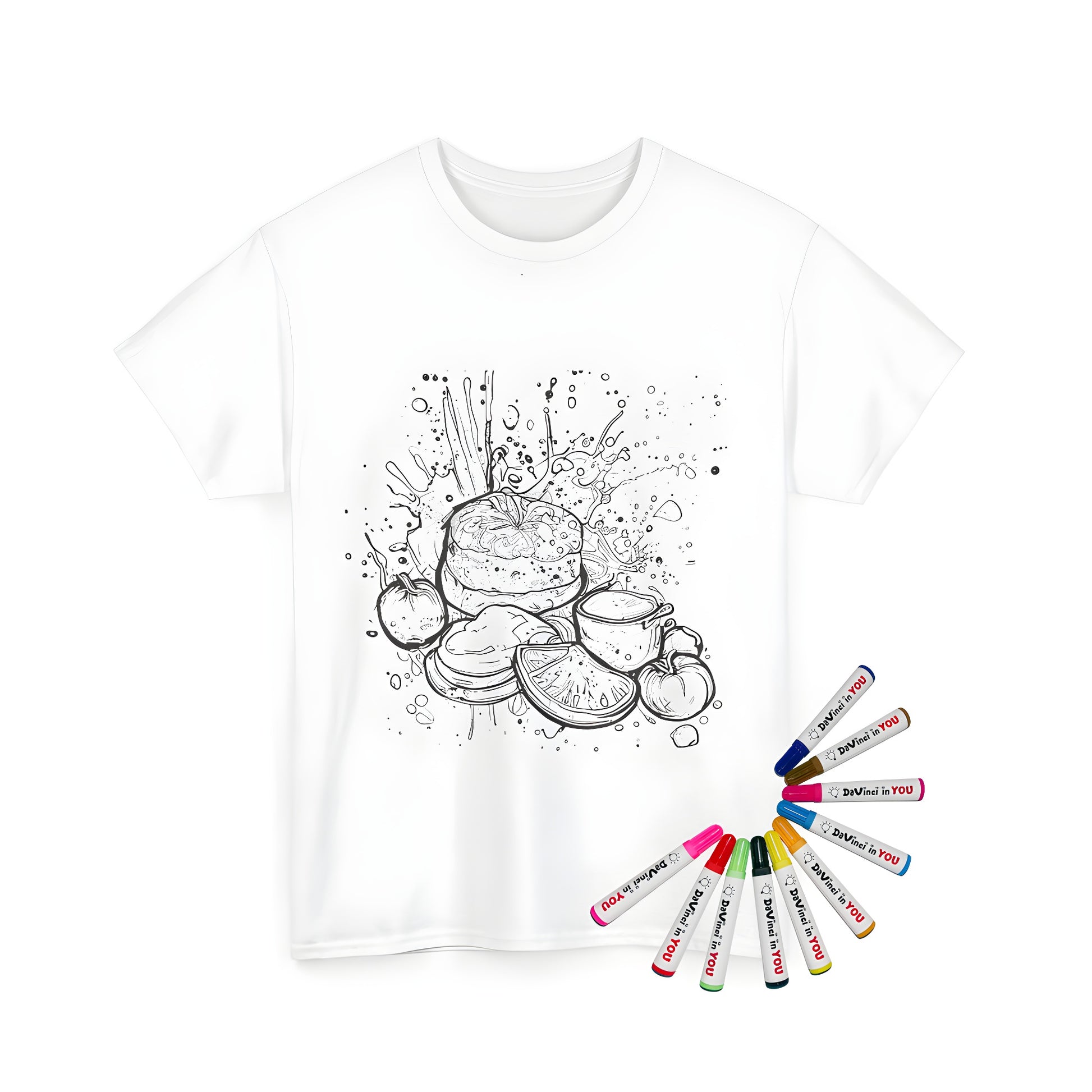 Coloring kit with vibrant fruits, bread, and mug illustration on a unisex t-shirt