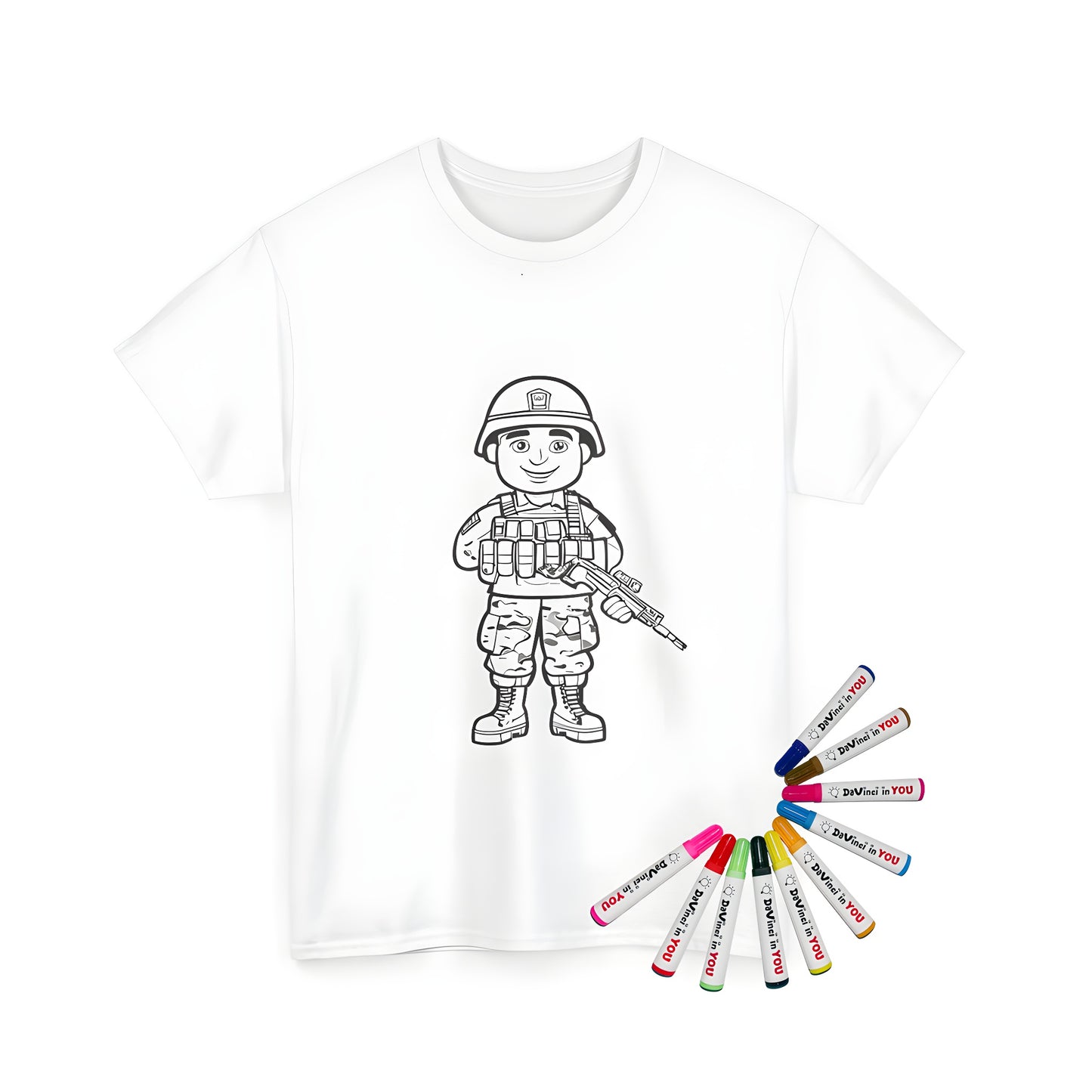 Coloring Kit for Unisex T-Shirt featuring a cartoon soldier design, camo uniform, and rifle - great gift for kids who love adventure