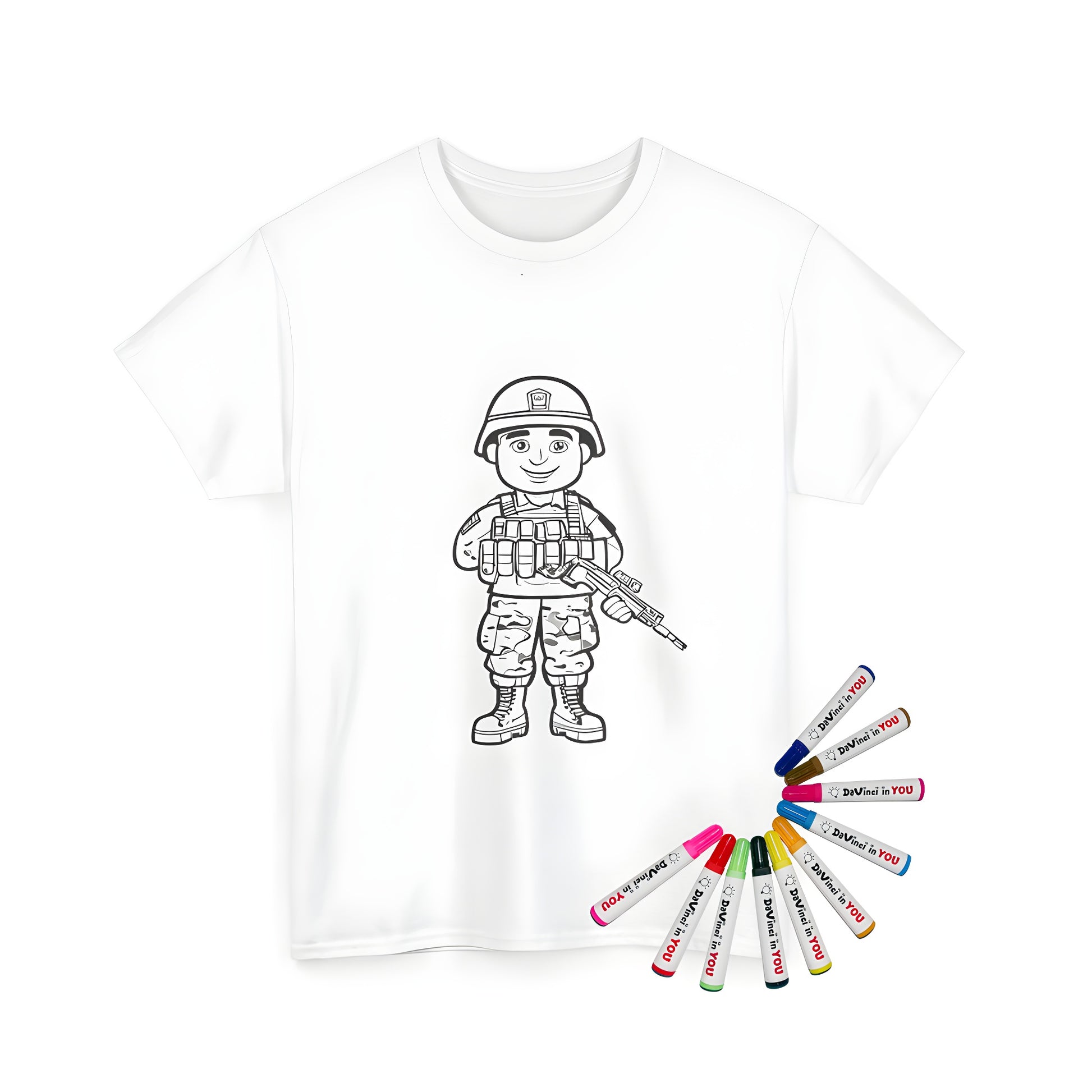 Coloring Kit for Unisex T-Shirt featuring a cartoon soldier design, camo uniform, and rifle - great gift for kids who love adventure