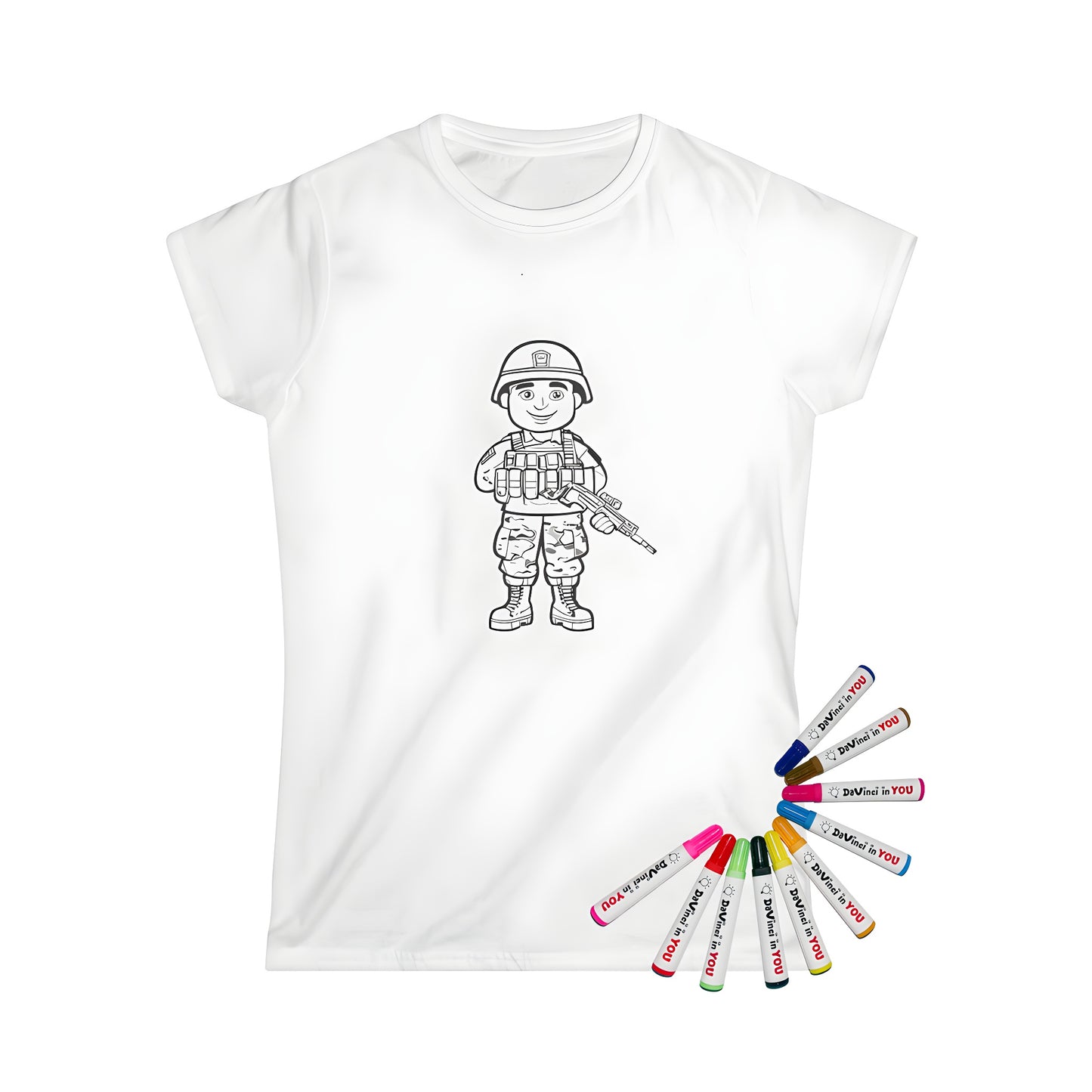 Women's T-shirt with cartoon soldier design, holding rifle, camouflage uniform, helmet, bravery and adventure theme