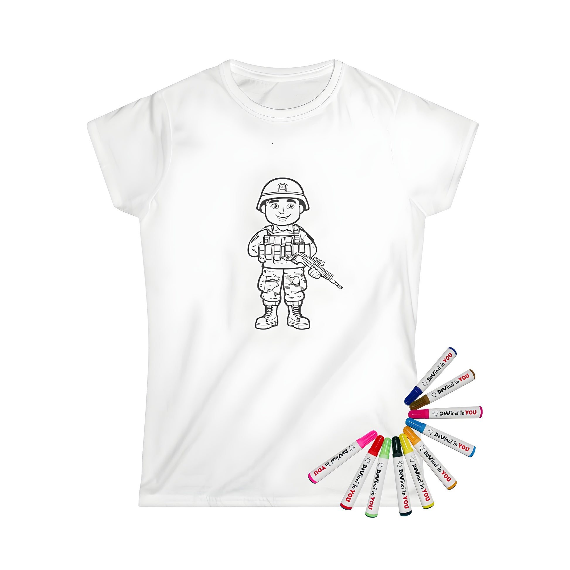 Women's T-shirt with cartoon soldier design, holding rifle, camouflage uniform, helmet, bravery and adventure theme