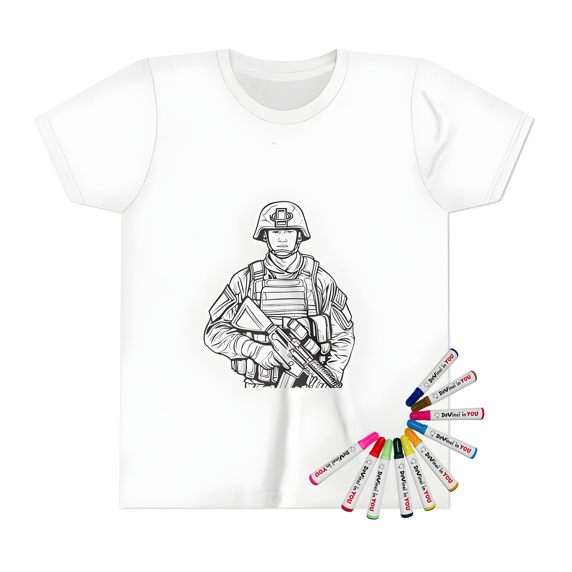Coloring page design kid's t-shirt with military soldier theme