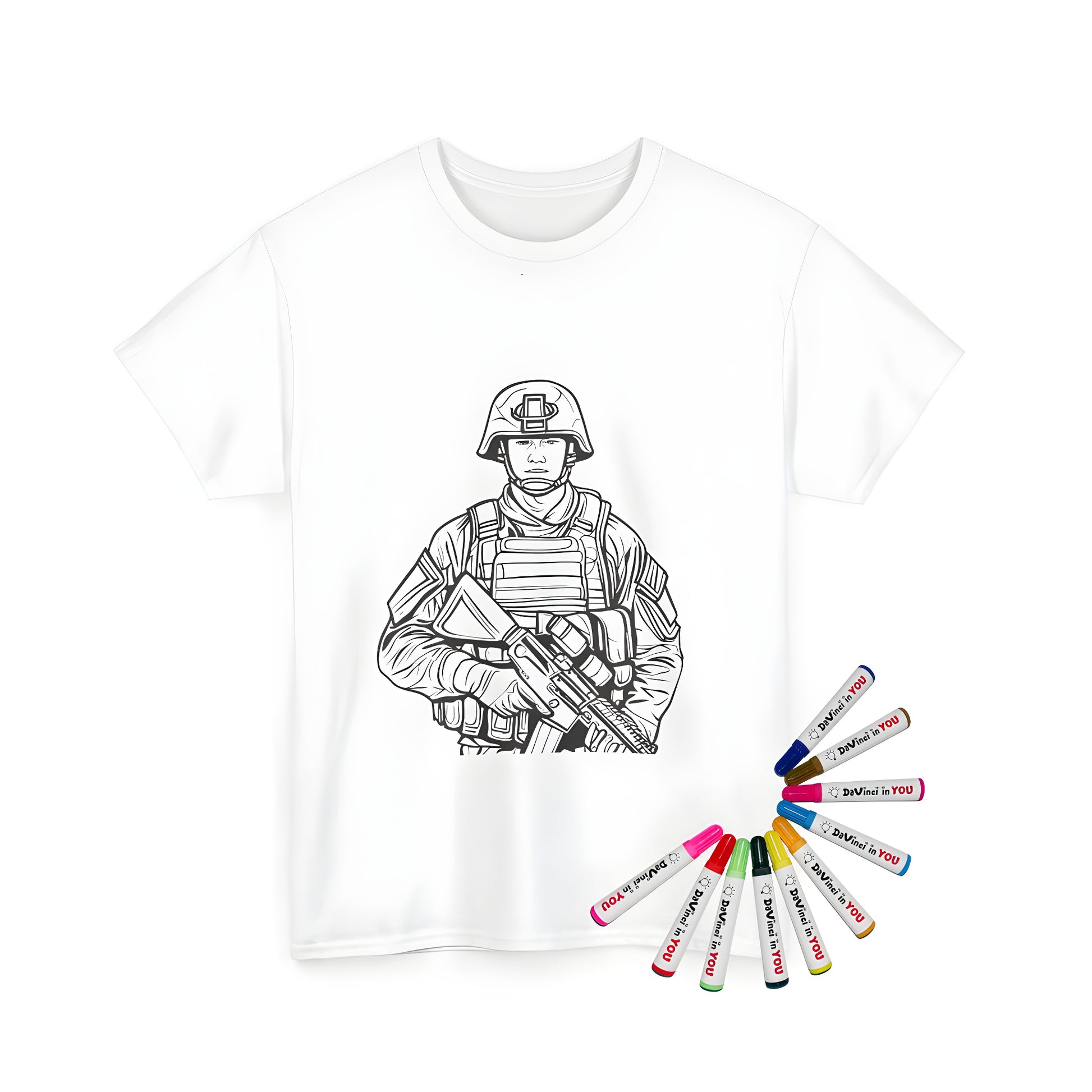 Coloring page of a military warrior design printed on a unisex t-shirt