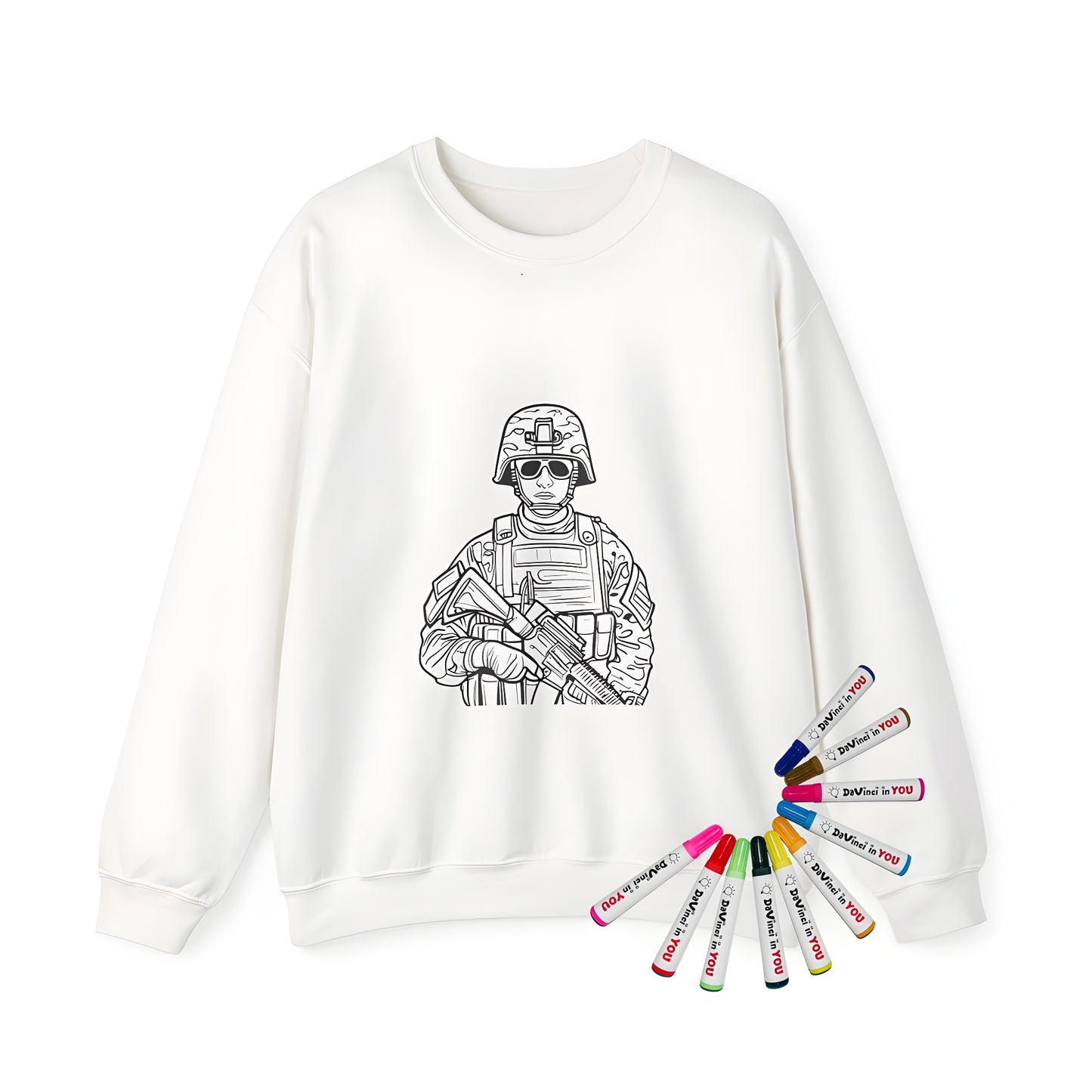 Adult sweatshirt with a detailed black and white illustration of a soldier in full gear, including rifle, helmet, and sunglasses.