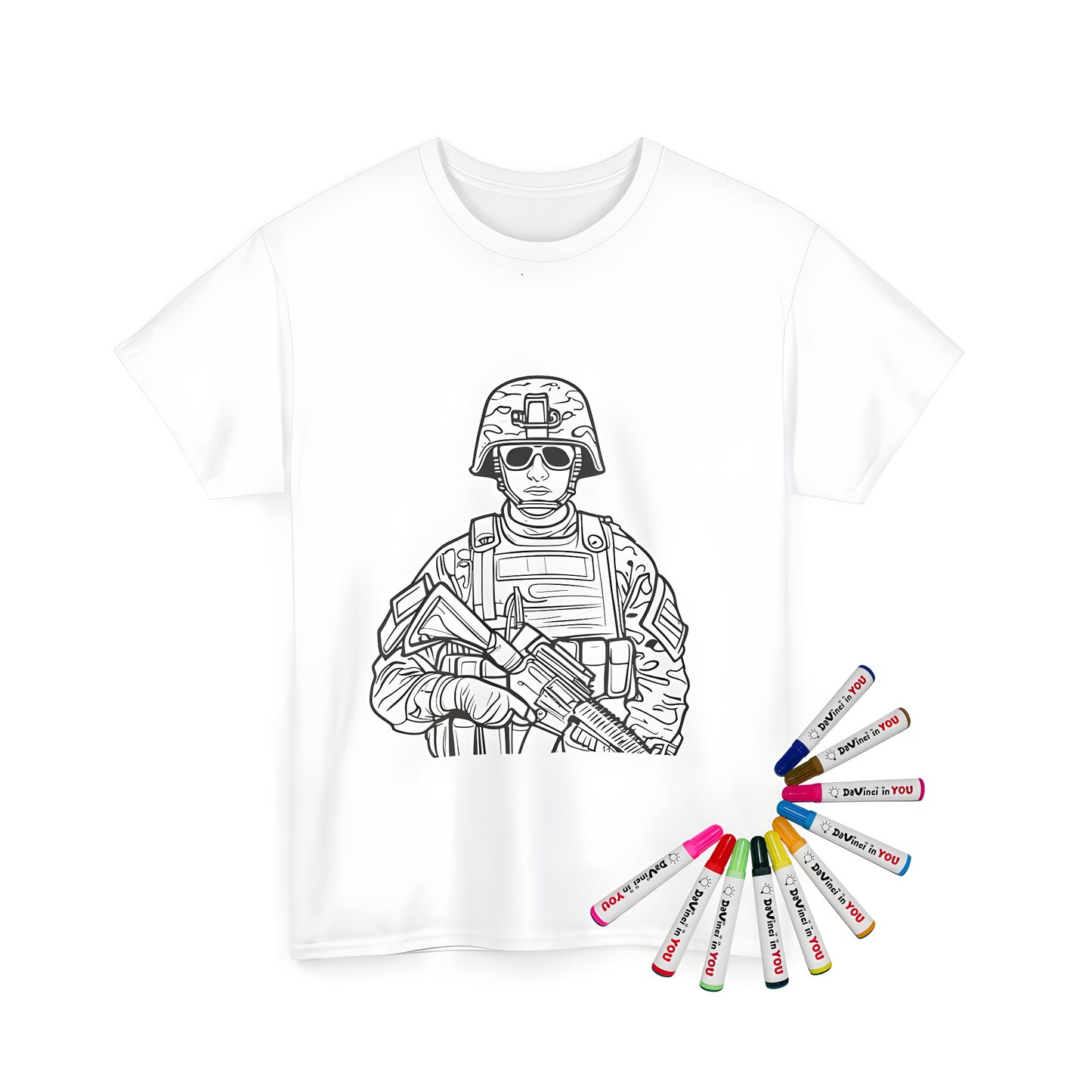 Unisex soldier t-shirt for kids and adults, coloring kit with black and white military illustration, featuring soldier gear and rifle design