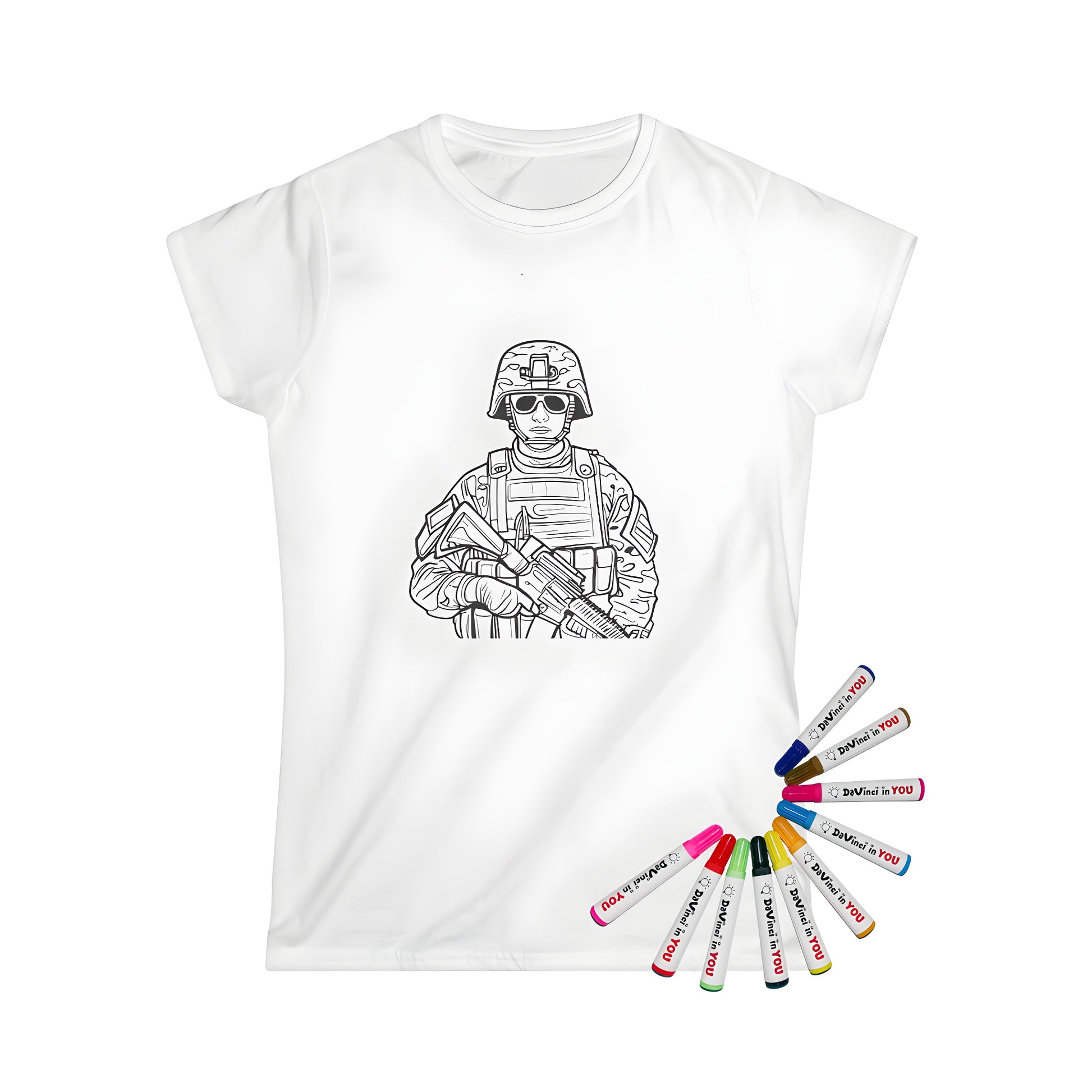 Women's t-shirt with detailed soldier illustration, featuring military gear and equipment