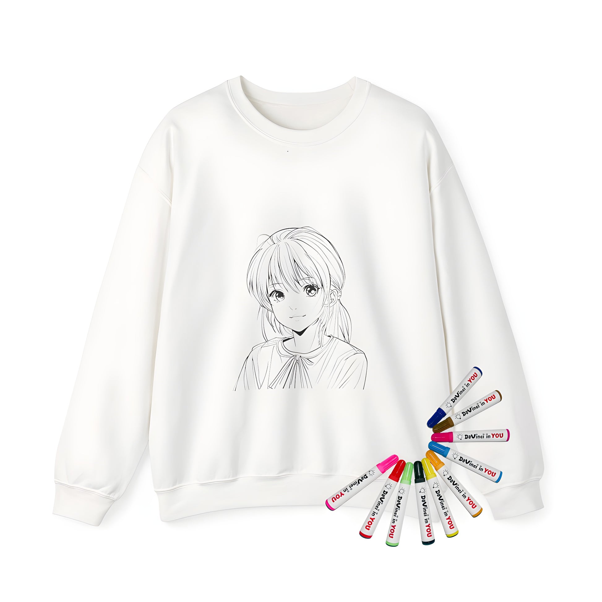 Adult sweatshirt with a unique coloring kit design featuring a young adult female character with large eyes and long hair, inspired by Japanese manga and anime art style