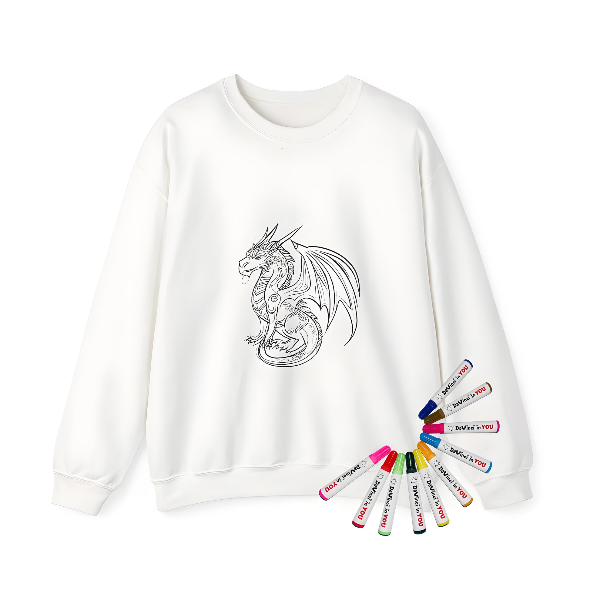 Adult sweatshirt with dragon design, black and white coloring page art