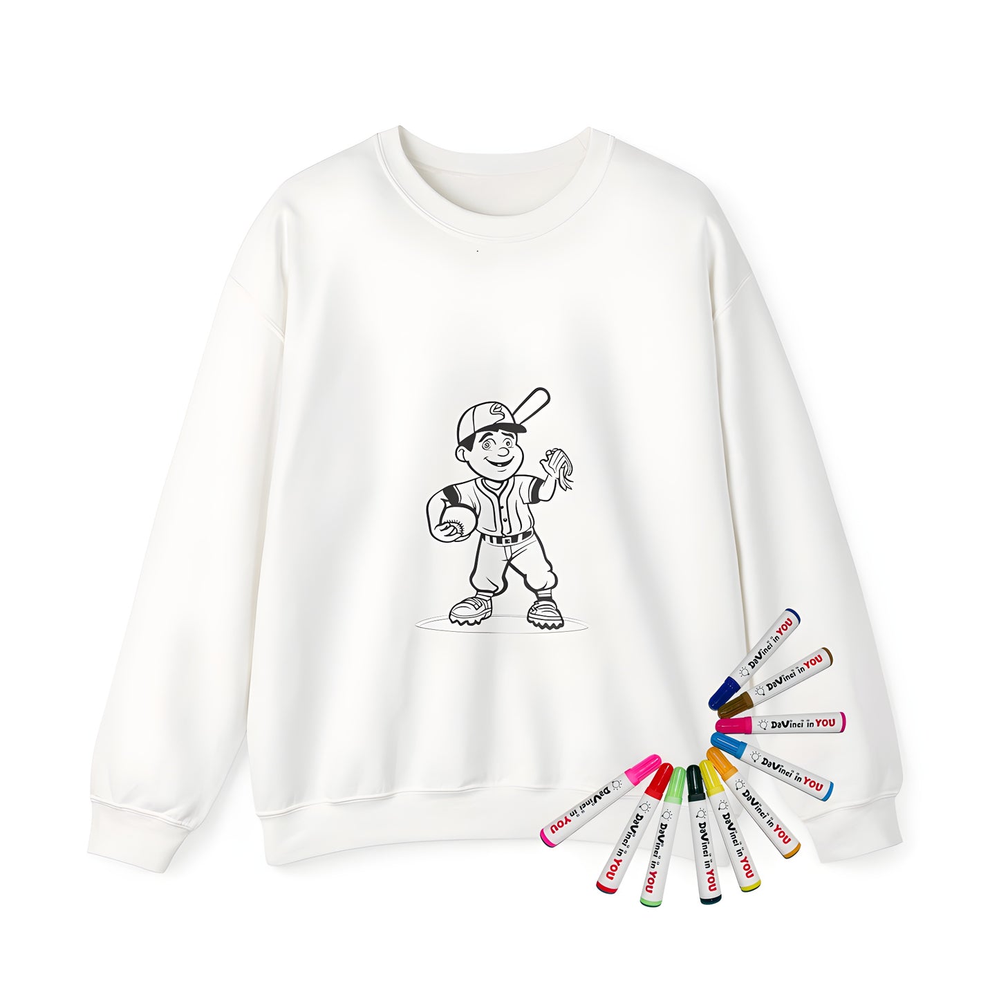 Adult sweatshirt with baseball-inspired coloring kit design, featuring a boy in a baseball outfit holding a bat and ball, ready to play; includes 10 fabric markers for creative expression