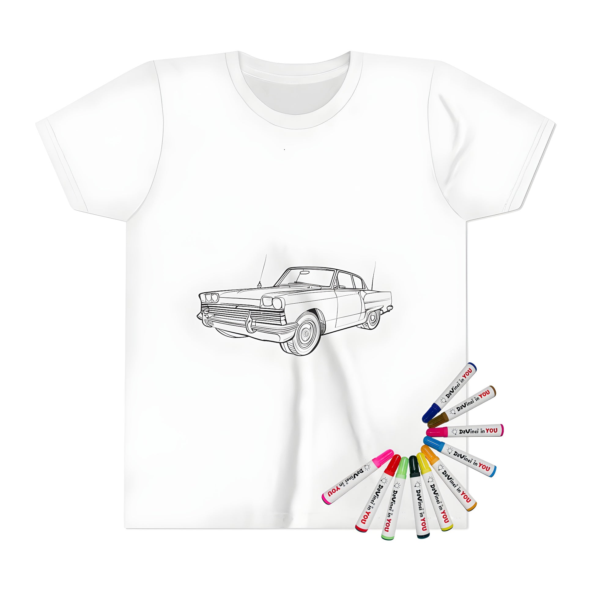 Vintage car kid's t-shirt featuring a detailed line drawing design