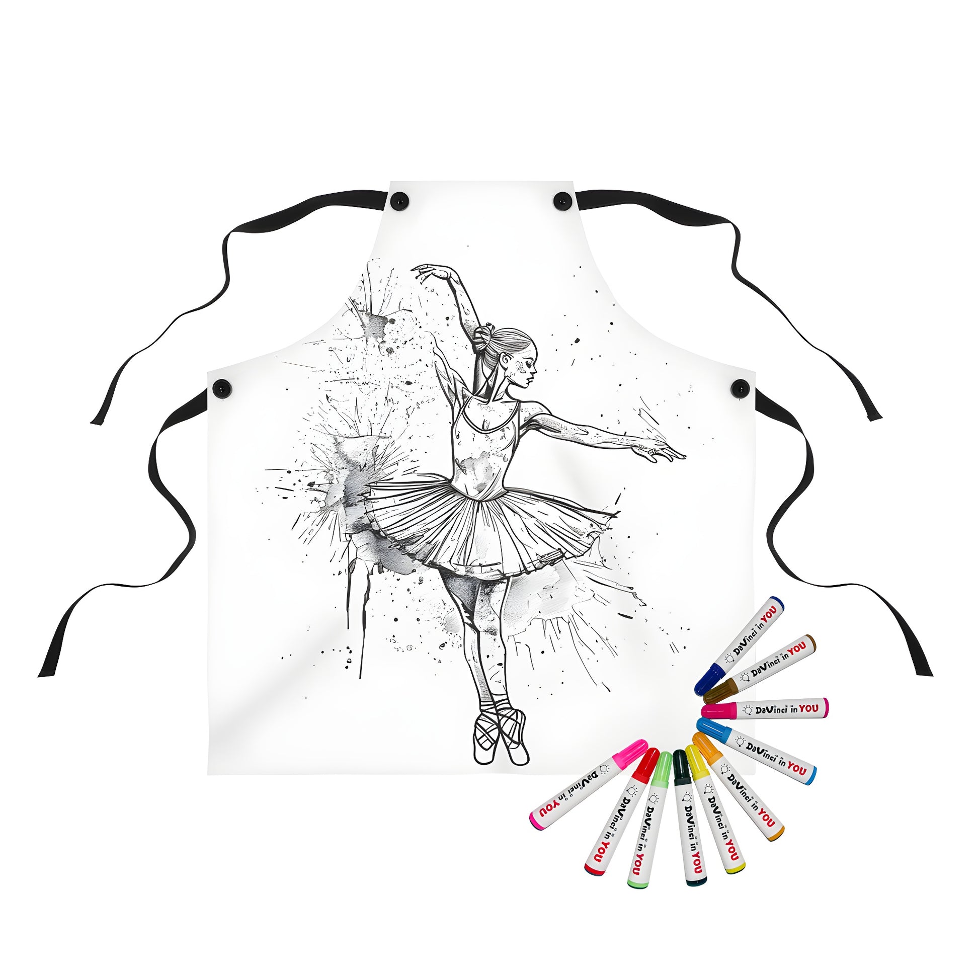 Colorful apron featuring an elegant ballerina design with artistic splashes of ballet-inspired movement and dancing poses amidst black-and-white ink illustrations.