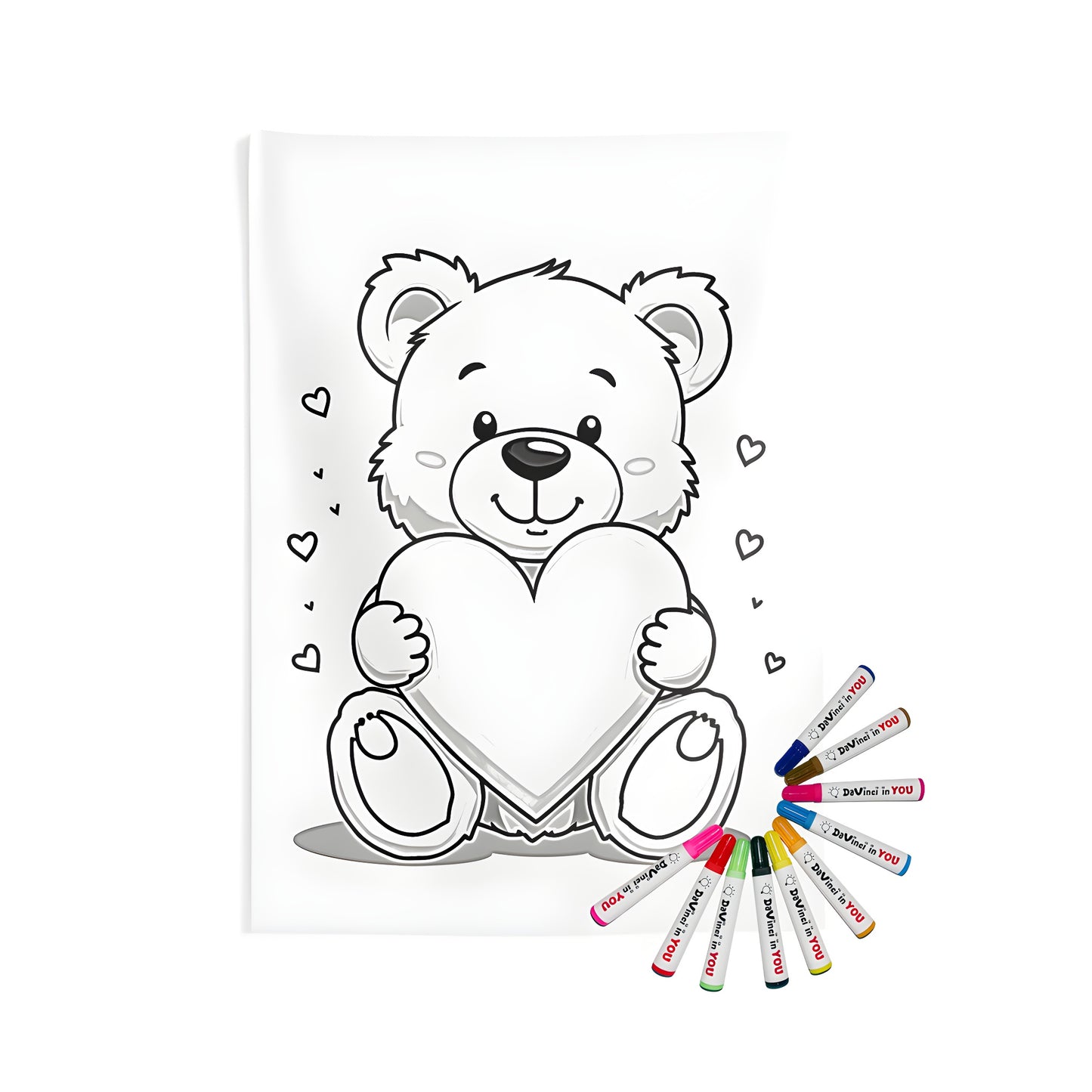 Indoor wall tapestries coloring kit with 10 fabric markers - bear with heart, cute bear holding a heart surrounded by smaller hearts