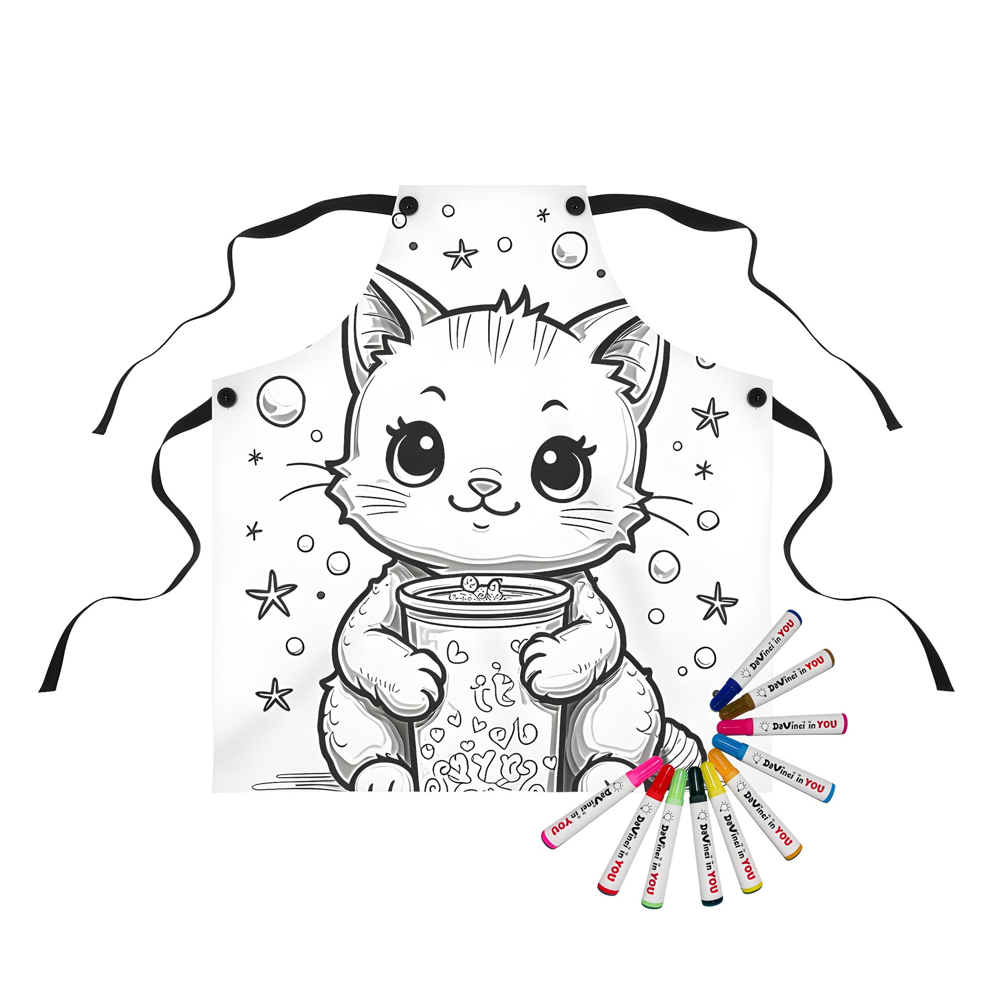 Apron featuring adorable cat illustration, whimsical design, and colorful artwork.