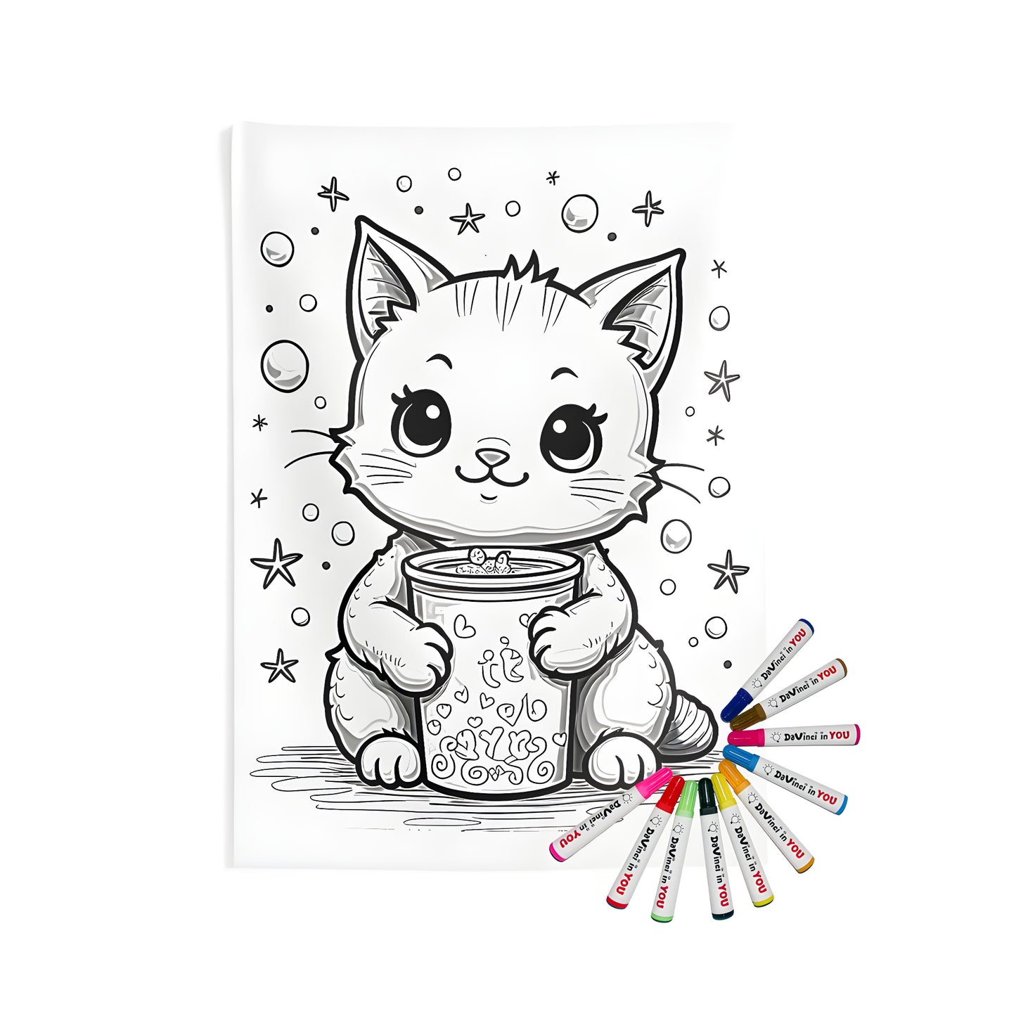 Cozy Indoor Wall Tapestry featuring adorable cartoon cat design with colorful markers and whimsical bubbles