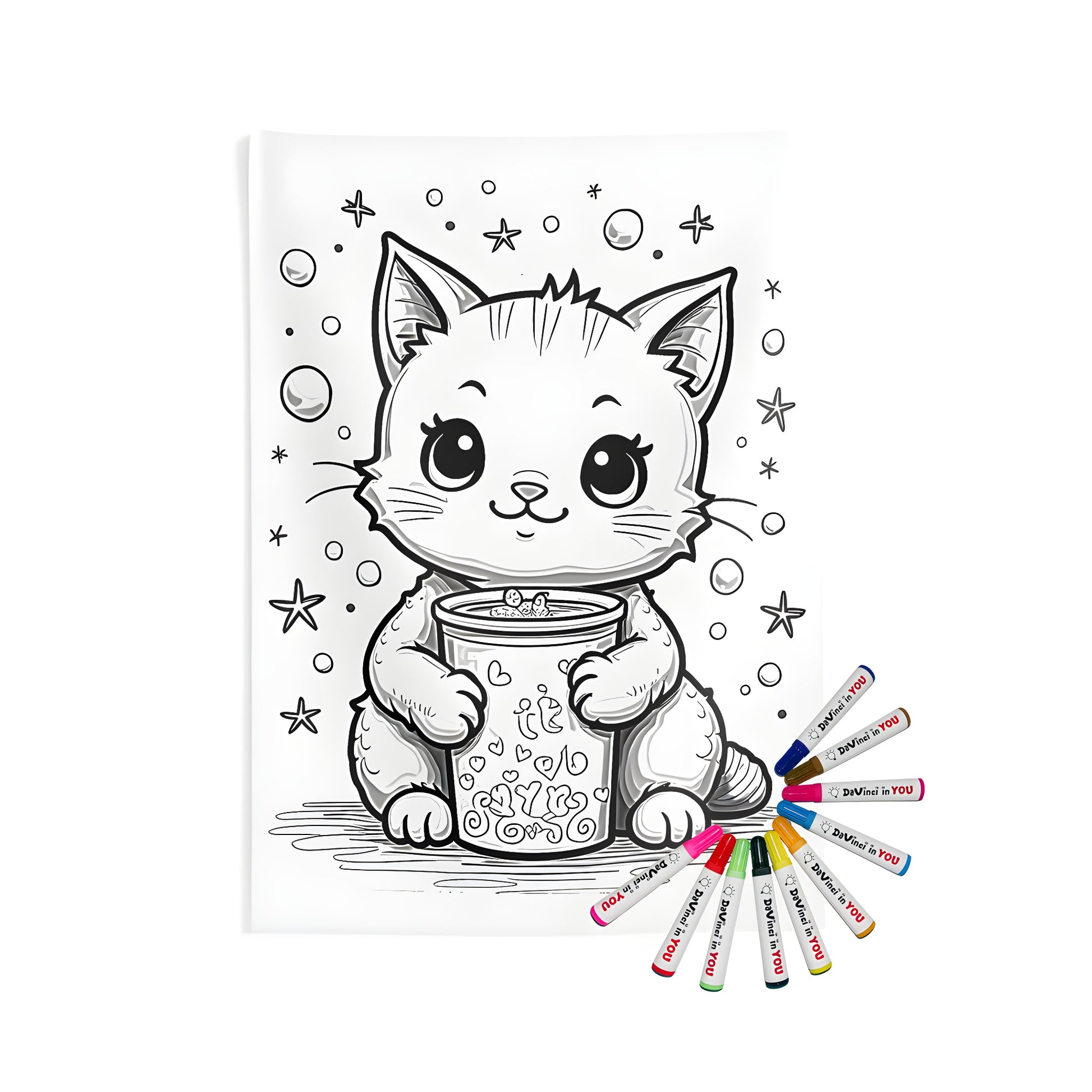 Cozy Indoor Wall Tapestry featuring adorable cartoon cat design with colorful markers and whimsical bubbles