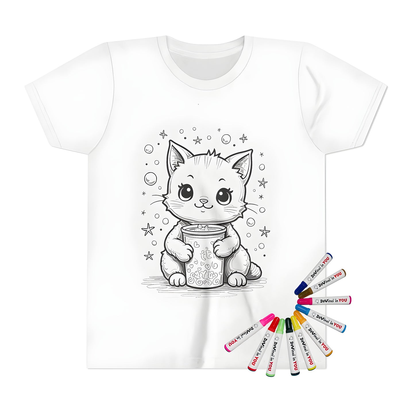 Whimsical cat illustration on kids t-shirt