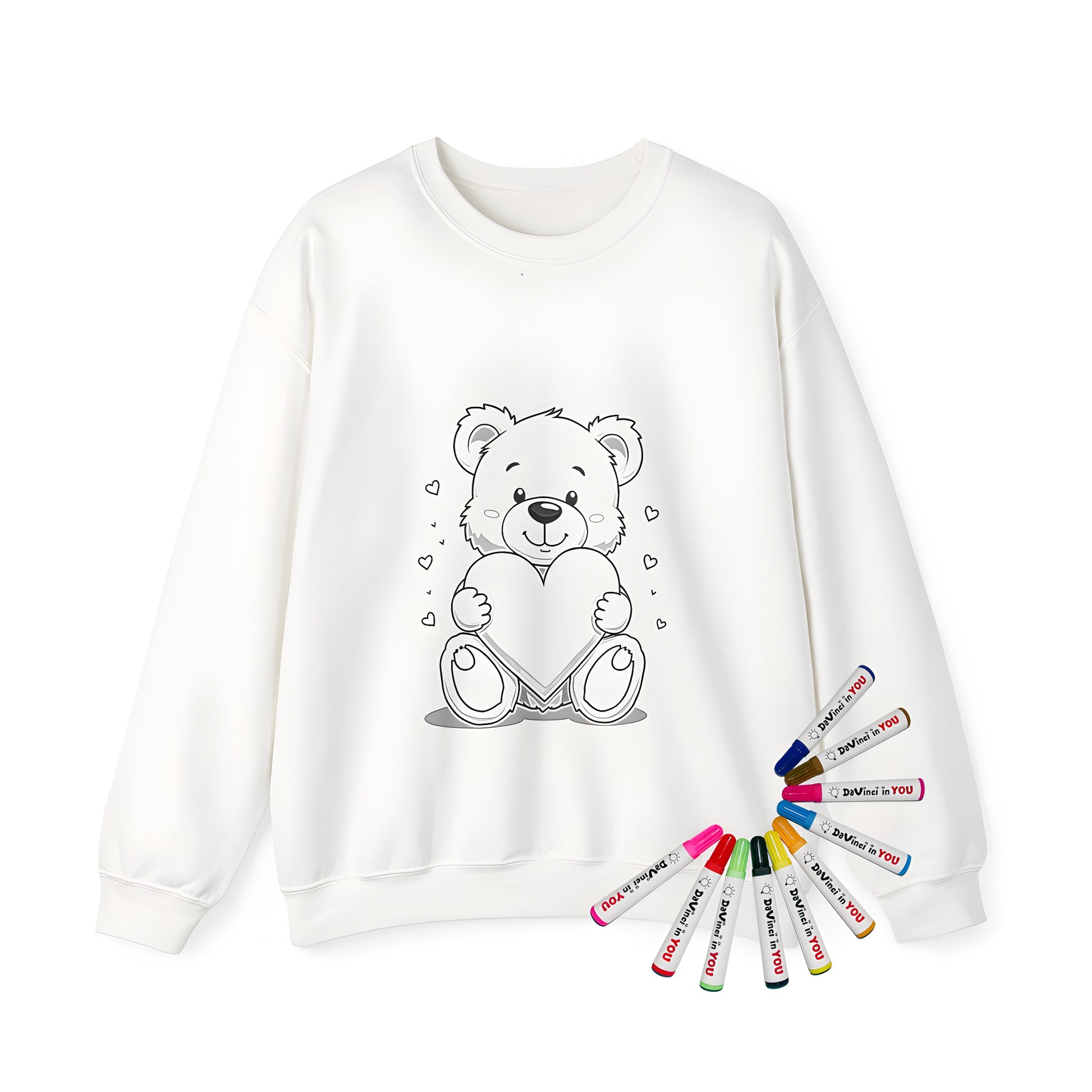 Adult sweatshirt with cute bear holding heart design for adults, featuring colorful fabric markers and heart motif, perfect for gifting or personal use