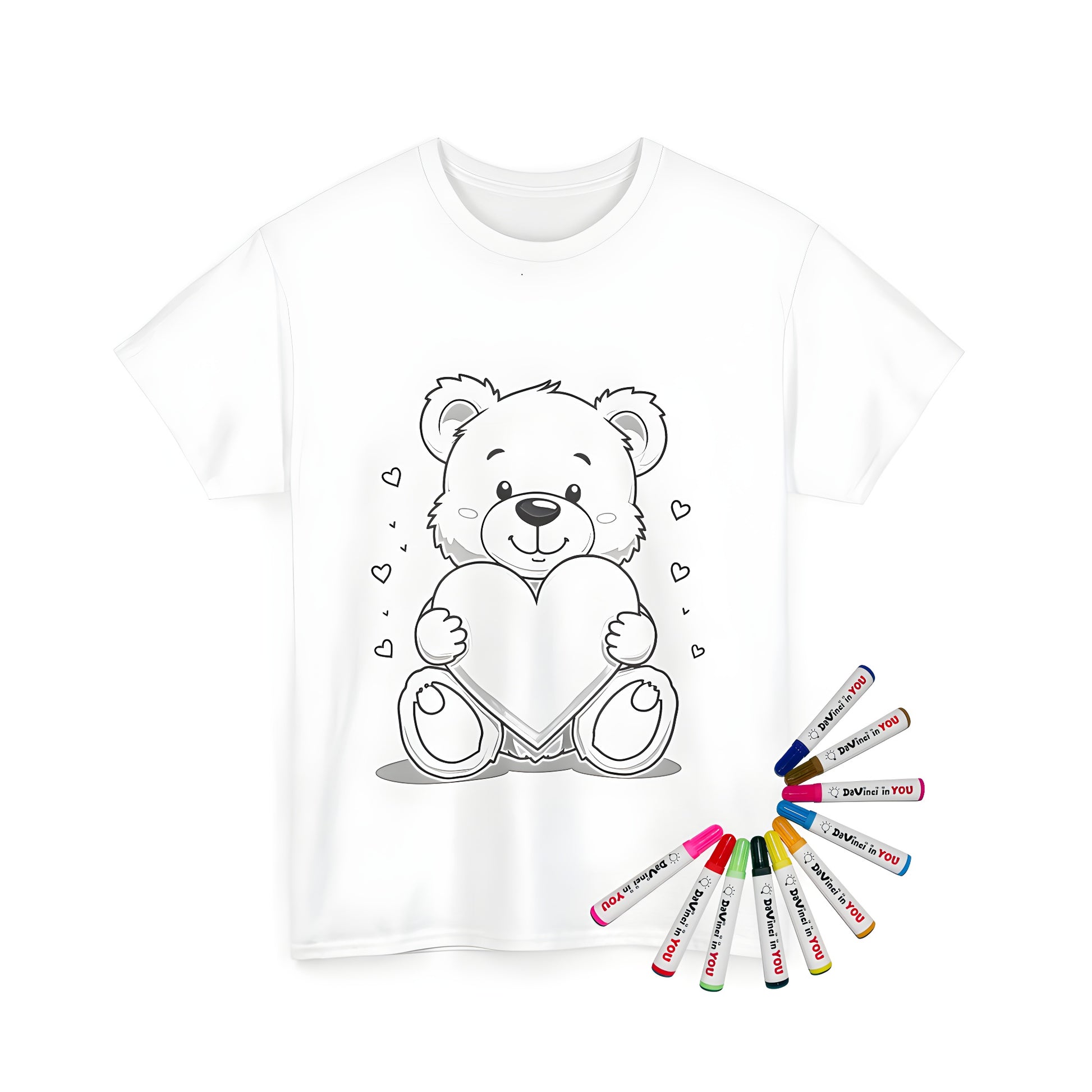 Unisex T-shirt with cute bear holding heart design, colorful fabric markers included