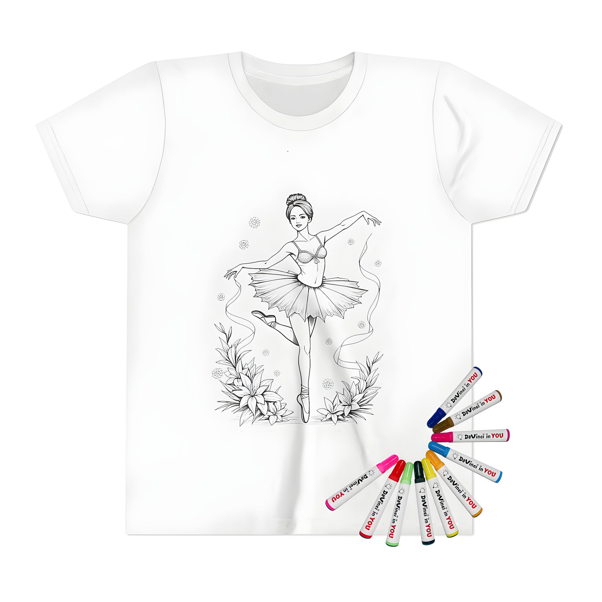 Kid's T-shirt with ballet dancing coloring page design - ballet outfit, dance wear, kids ballet costume