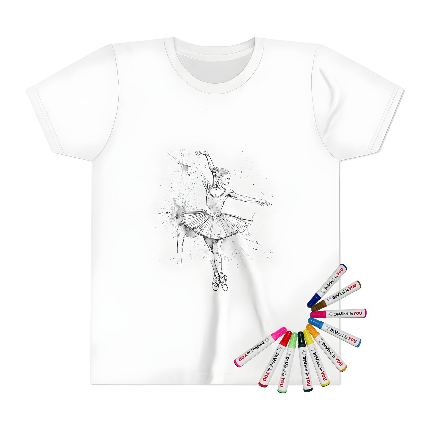 Kid's t-shirt featuring a ballerina design, colorful ballet theme, and elegant dancer pose
