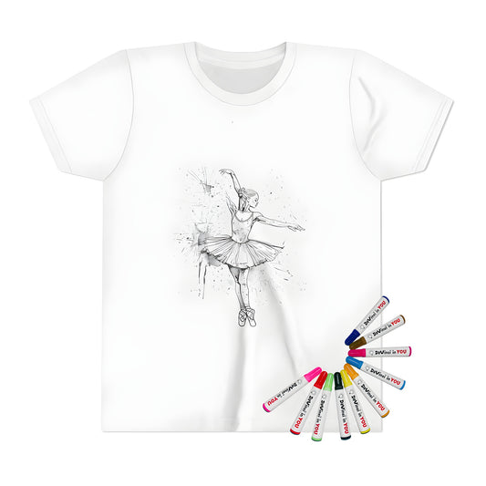 Kid's t-shirt featuring a ballerina design, colorful ballet theme, and elegant dancer pose