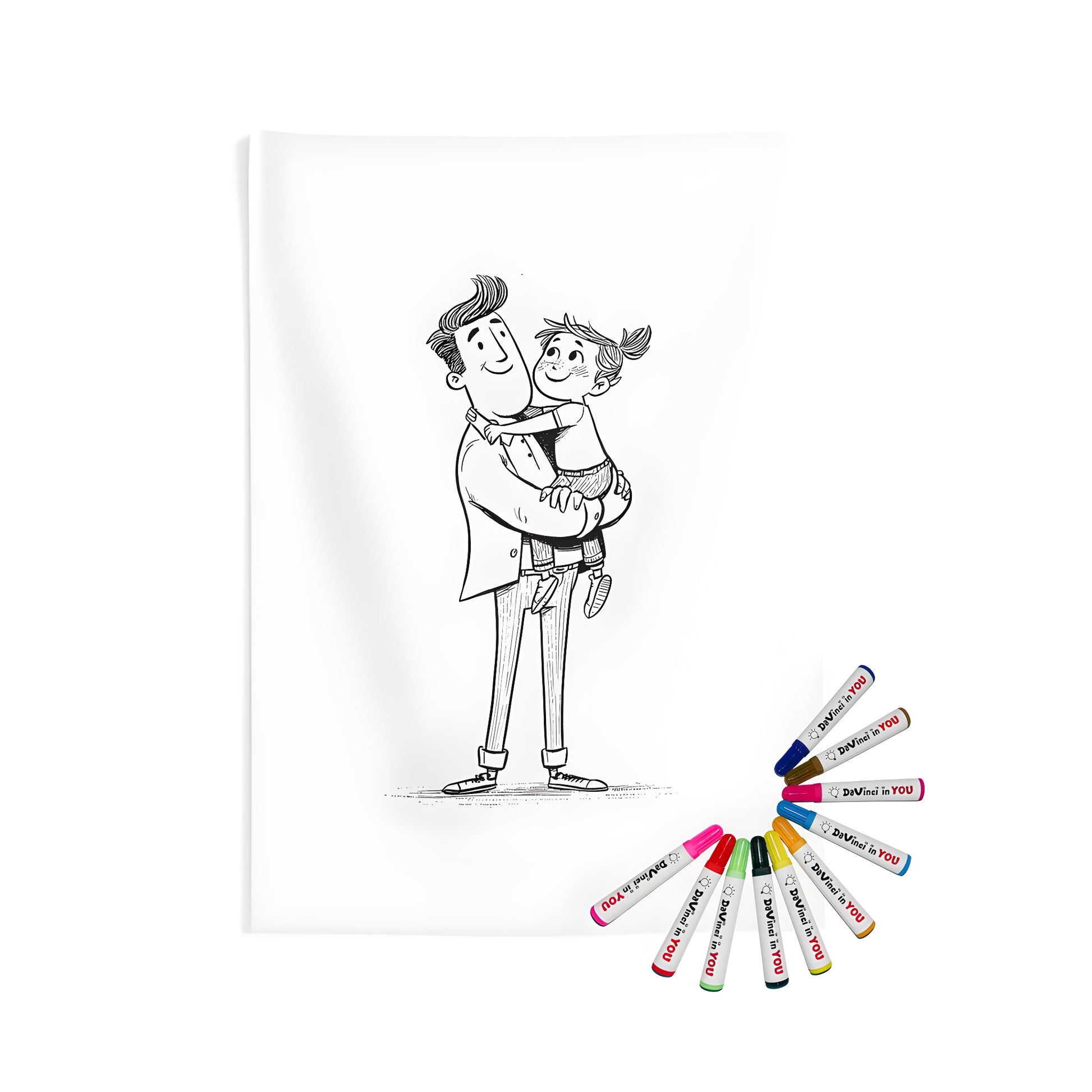 A beautiful indoor wall tapestry featuring a lovely father-daughter moment, perfect for nursery decor or home accent. Includes fabric markers for creative expression.