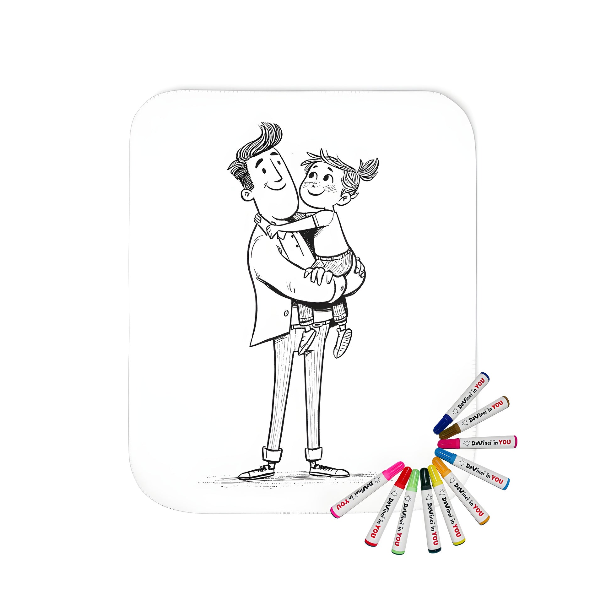 Cozy blanket with a heartwarming father and daughter coloring page design. Soft, colorful fabric markers included for endless fun.