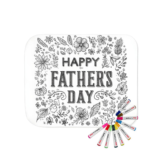 Colorful Father's Day blanket featuring a black and white illustration of 'Happy Dad', intricate floral designs, and leaves in vibrant colors.