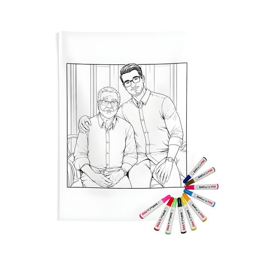 Cozy indoor wall tapestry featuring a heartwarming illustration of an elderly man and his grandson bonding over art